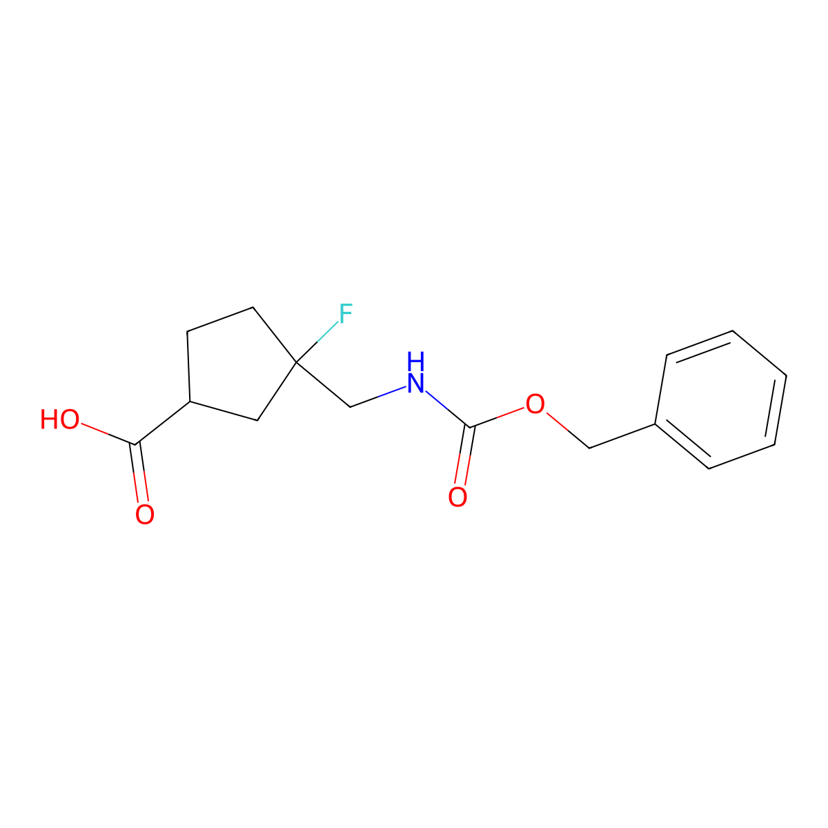 rac-(1R,3S)-3-({[(benzyloxy)carbonyl]amino}methyl)-3-fluorocyclopentane-1-carboxylic acid molecular structure, CAS 2580091-89-8
