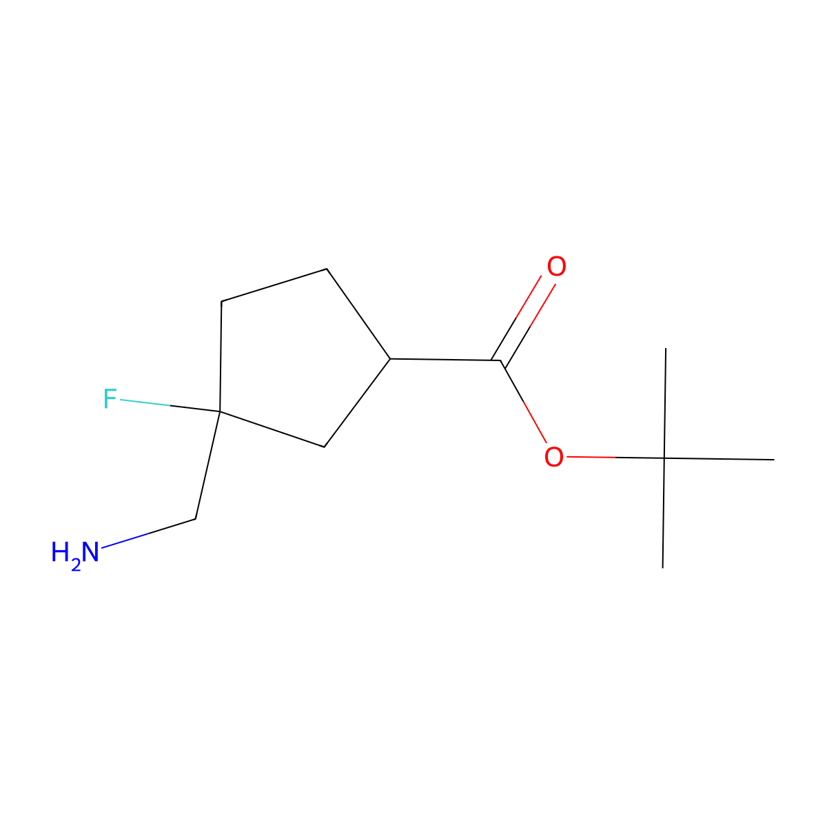 rac-tert-butyl (1R,3S)-3-(aminomethyl)-3-fluorocyclopentane-1-carboxylate molecular structure, CAS 2580094-60-4