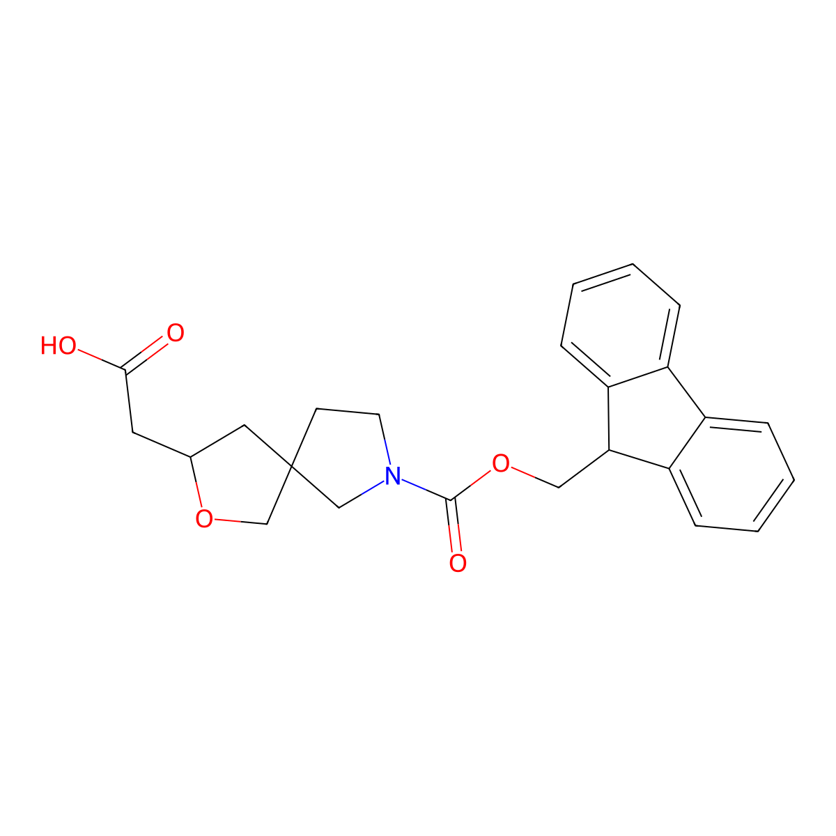 rac-2-[(3R,5S)-7-{[(9H-fluoren-9-yl)methoxy]carbonyl}-2-oxa-7-azaspiro[4.4]nonan-3-yl]acetic acid molecular structure, CAS 2580097-74-9