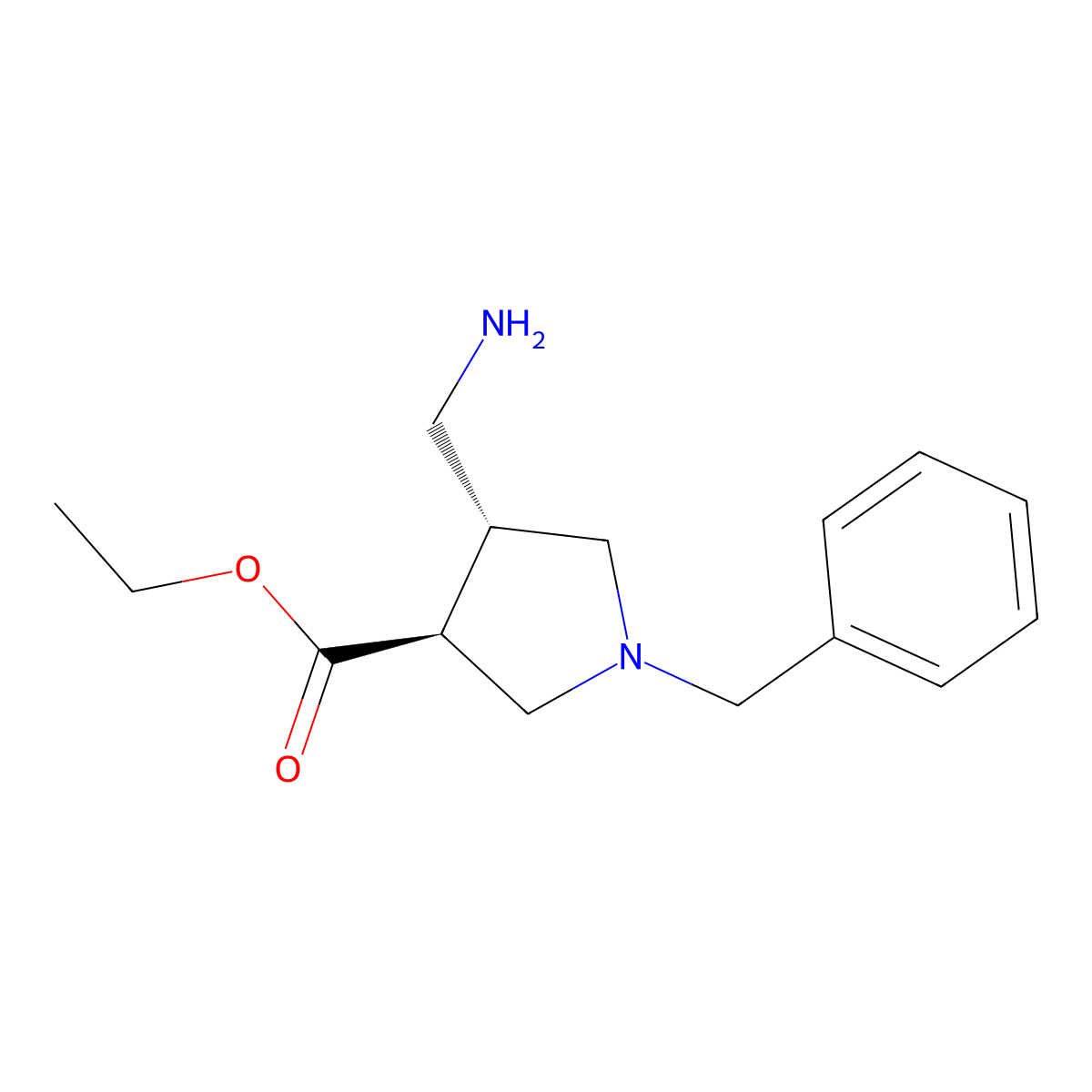 rac-ethyl (3R,4S)-4-(aminomethyl)-1-benzylpyrrolidine-3-carboxylate molecular structure, CAS 2580098-99-1