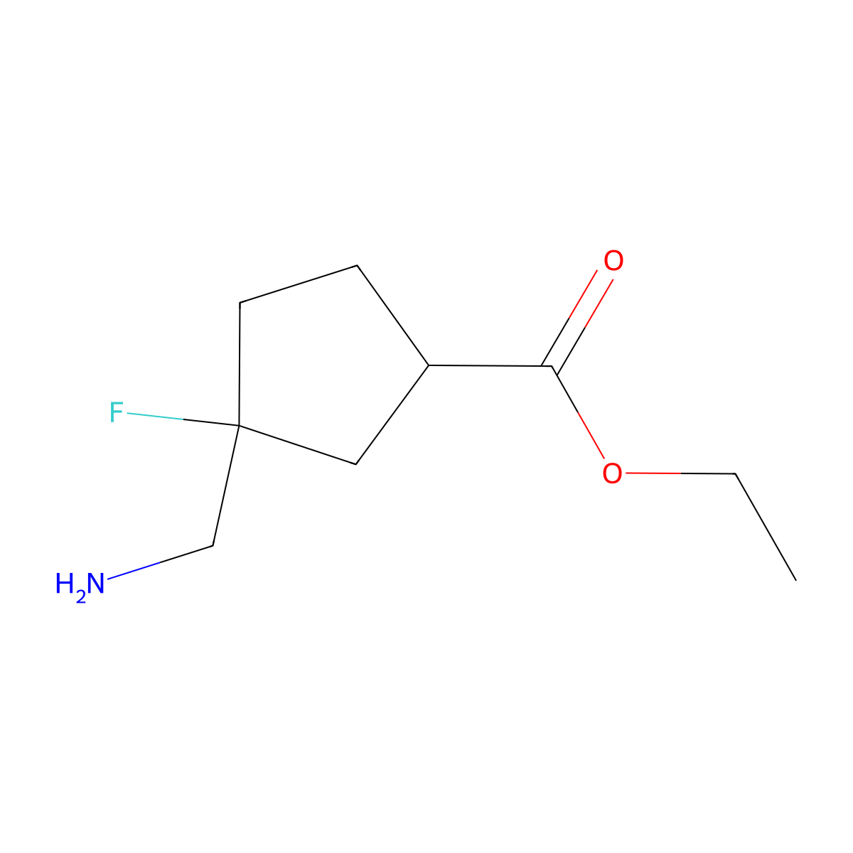 rac-ethyl (1R,3R)-3-(aminomethyl)-3-fluorocyclopentane-1-carboxylate molecular structure, CAS 2580101-43-3