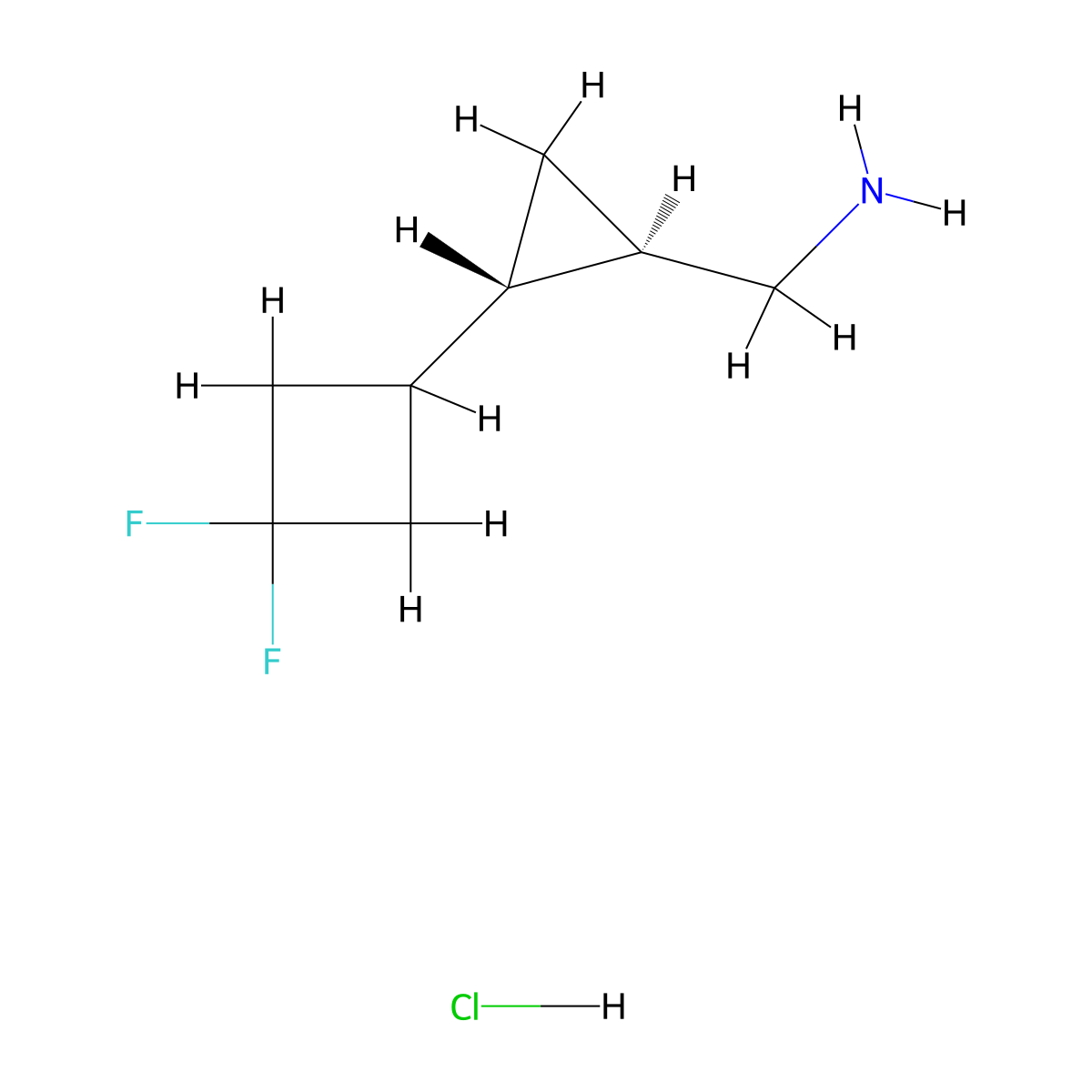 rac-1-[(1R,2S)-2-(3,3-difluorocyclobutyl)cyclopropyl]methanaminehydrochloride,trans molecular structure, CAS 2580103-47-3