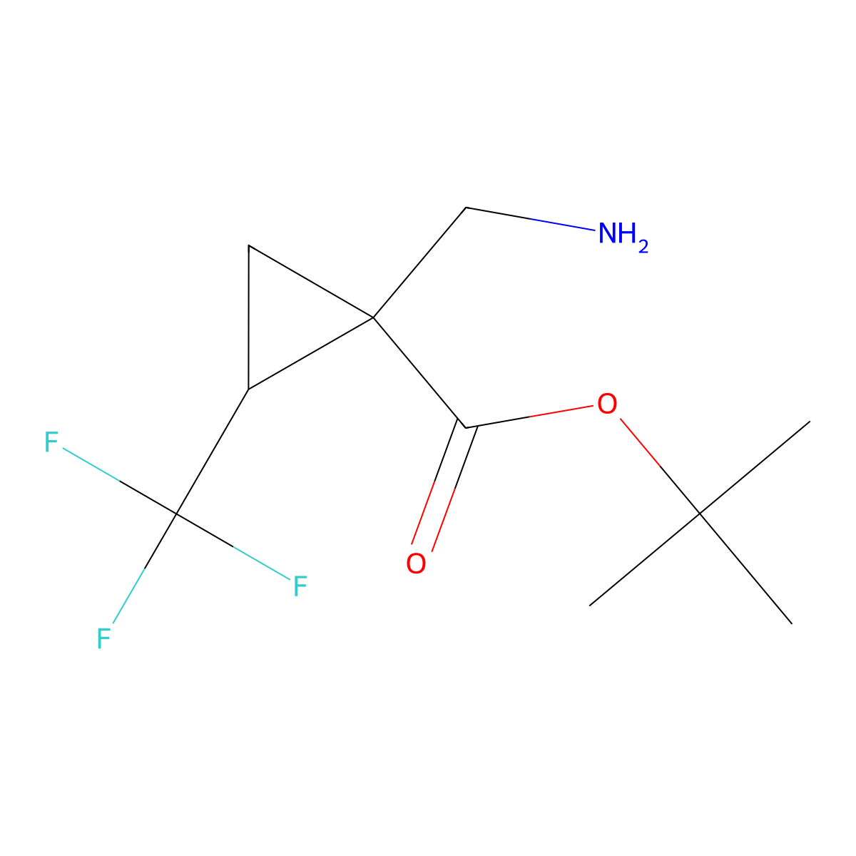 rac-tert-butyl (1R,2R)-1-(aminomethyl)-2-(trifluoromethyl)cyclopropane-1-carboxylate molecular structure, CAS 2580104-40-9