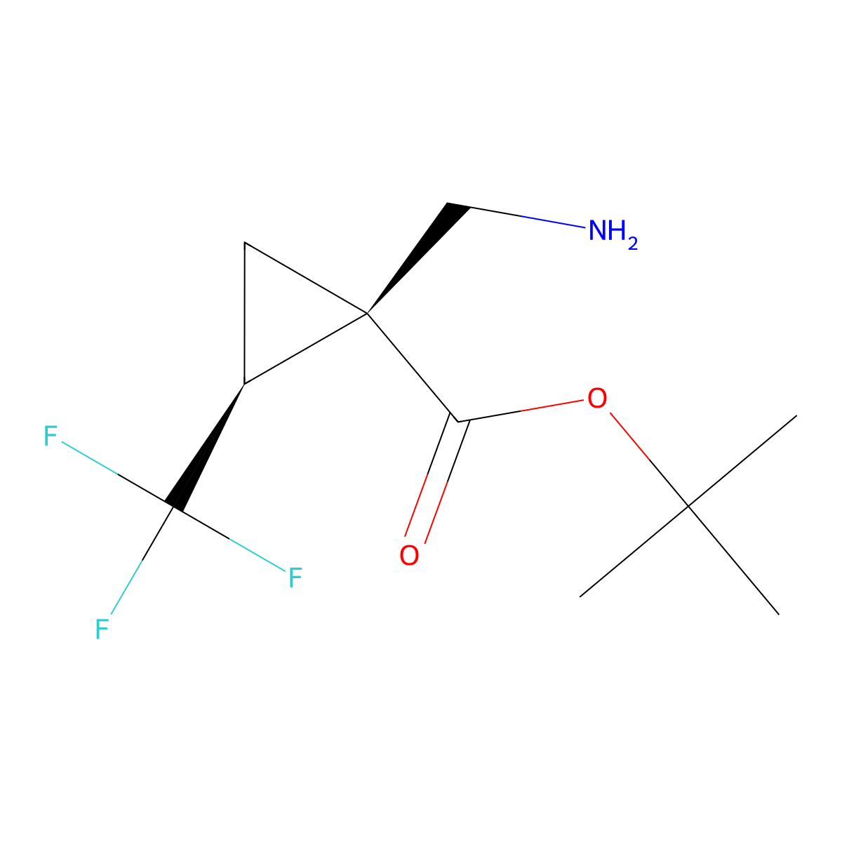 rac-tert-butyl (1R,2R)-1-(aminomethyl)-2-(trifluoromethyl)cyclopropane-1-carboxylate molecular structure, CAS 2580104-40-9