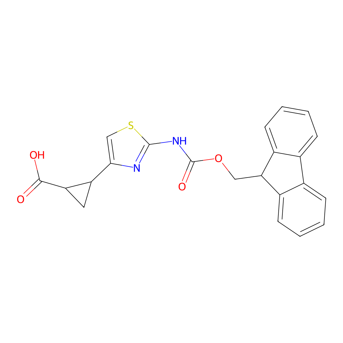 rac-(1R,2S)-2-[2-({[(9H-fluoren-9-yl)methoxy]carbonyl}amino)-1,3-thiazol-4-yl]cyclopropane-1-carboxylic acid molecular structure, CAS 2580113-28-4