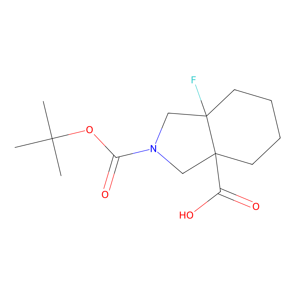 rac-(3aR,7aS)-2-[(tert-butoxy)carbonyl]-7a-fluoro-octahydro-1H-isoindole-3a-carboxylic acid, trans molecular structure, CAS 2580113-60-4