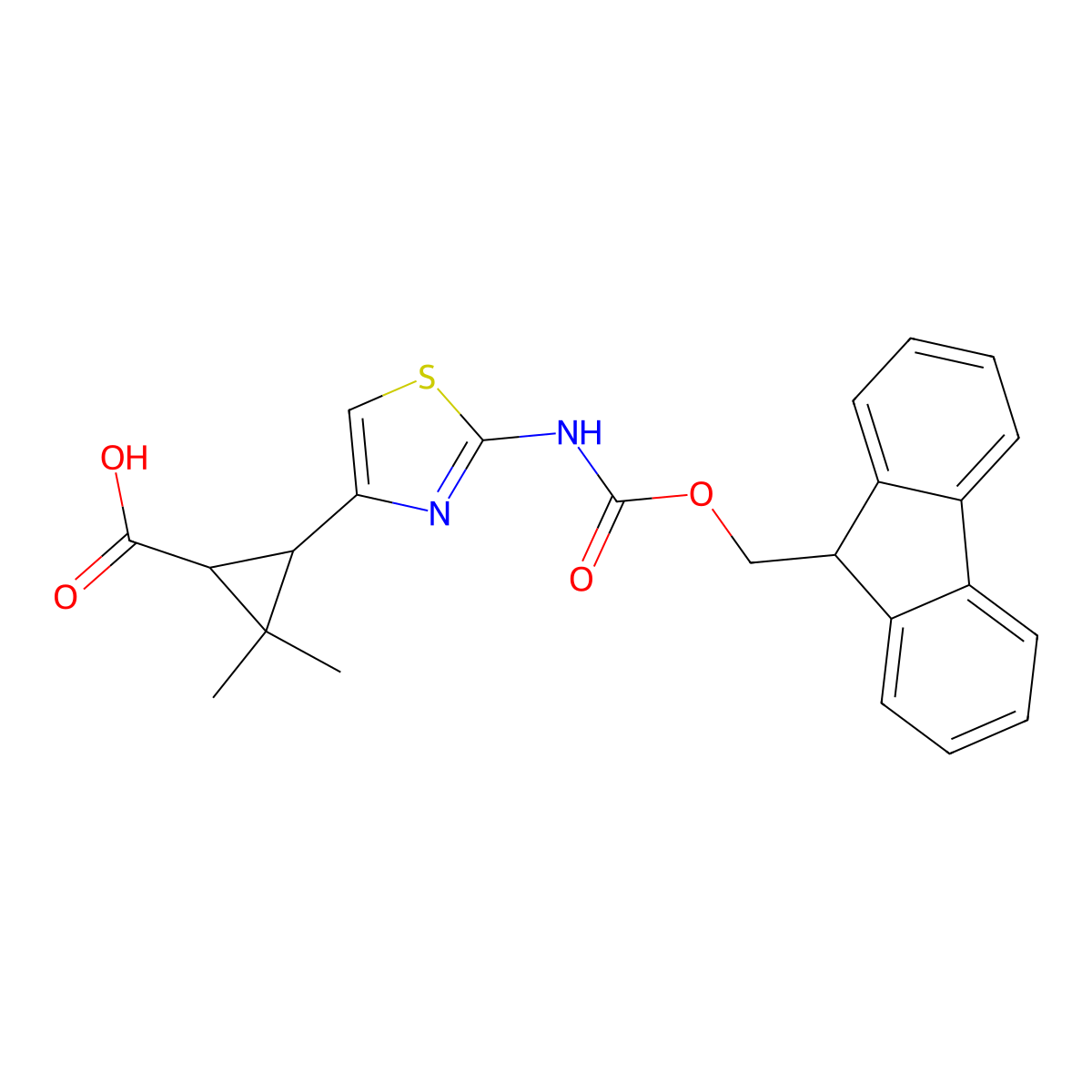 rac-(1R,3S)-3-[2-({[(9H-fluoren-9-yl)methoxy]carbonyl}amino)-1,3-thiazol-4-yl]-2,2-dimethylcyclopropane-1-carboxylic acid molecular structure, CAS 2580114-25-4