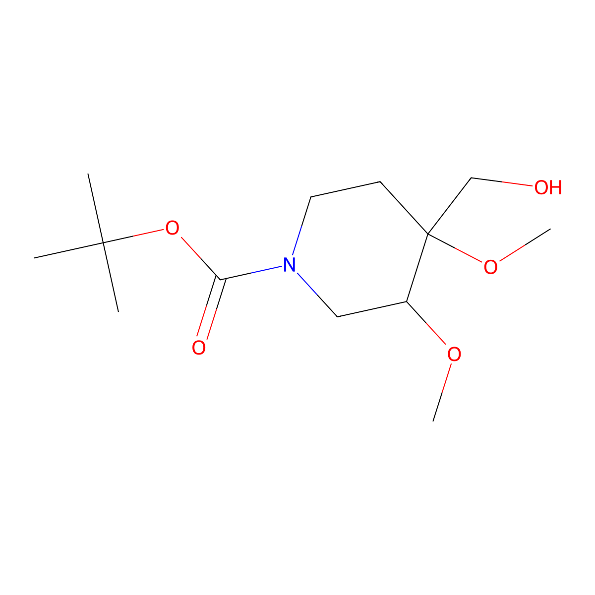 rac-tert-butyl (3R,4R)-4-(hydroxymethyl)-3,4-dimethoxypiperidine-1-carboxylate molecular structure, CAS 2580114-46-9