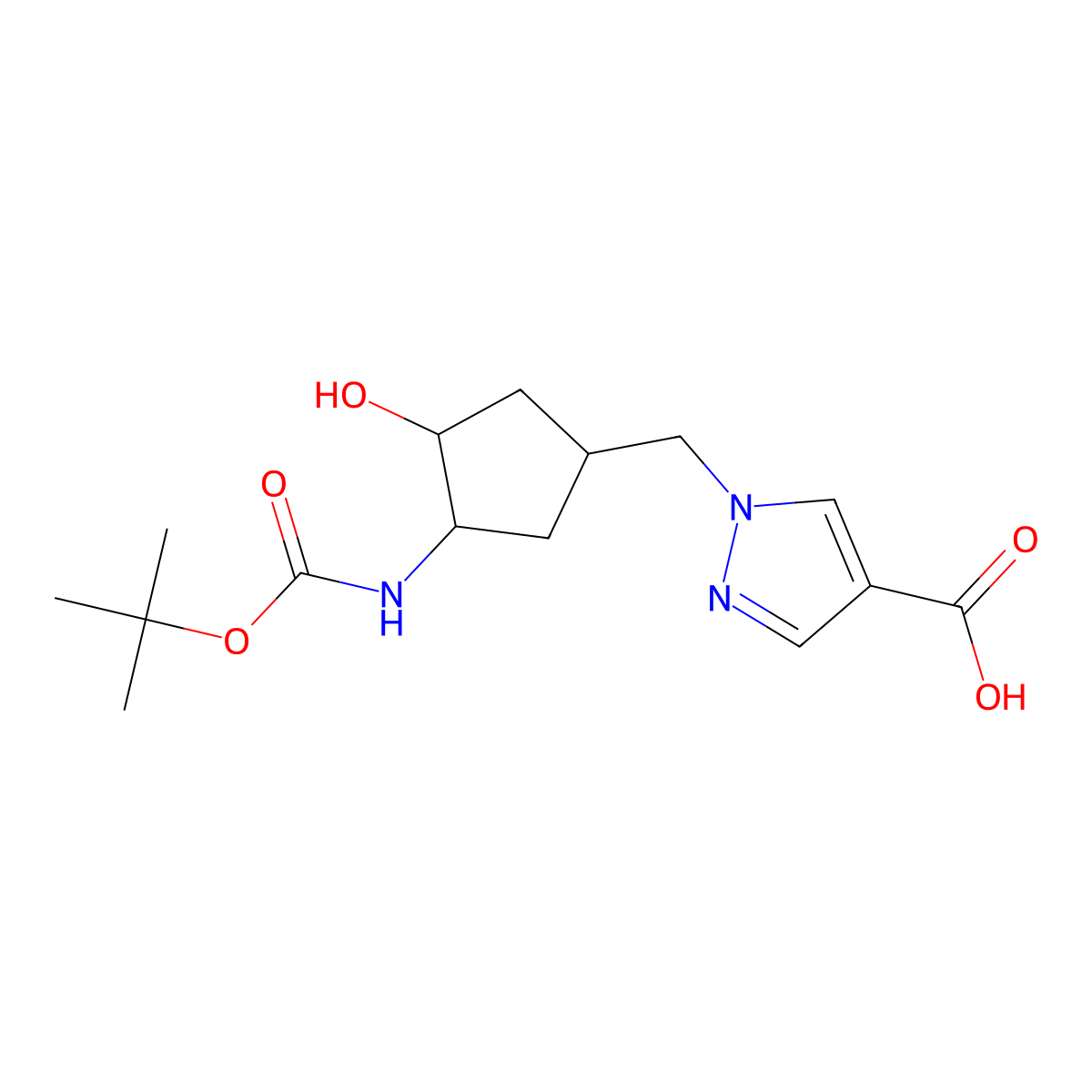 rac-1-{[(3R,4R)-3-{[(tert-butoxy)carbonyl]amino}-4-hydroxycyclopentyl]methyl}-1H-pyrazole-4-carboxylic acid molecular structure, CAS 2580127-87-1
