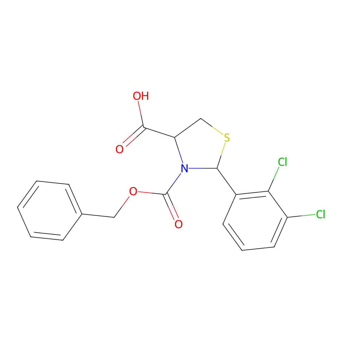 (4R)-3-[(benzyloxy)carbonyl]-2-(2,3-dichlorophenyl)-1,3-thiazolidine-4-carboxylic acid molecular structure, CAS 2580127-98-4