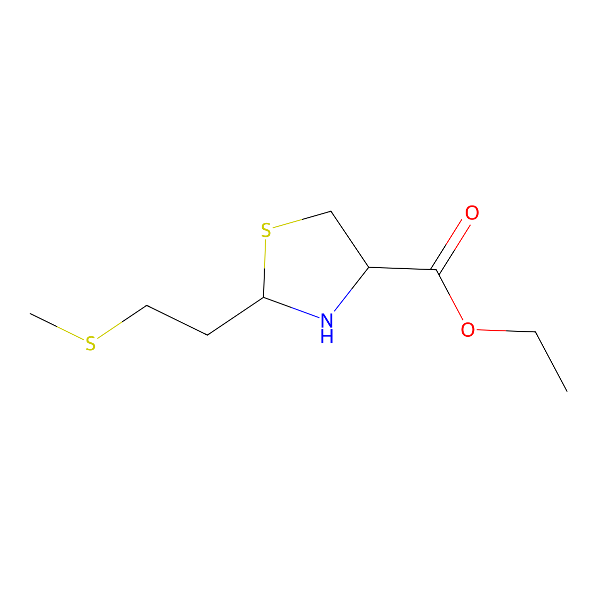 Ethyl 2-[2-(methylsulfanyl)ethyl]-1,3-thiazolidine-4-carboxylate molecular structure, CAS 2580178-58-9