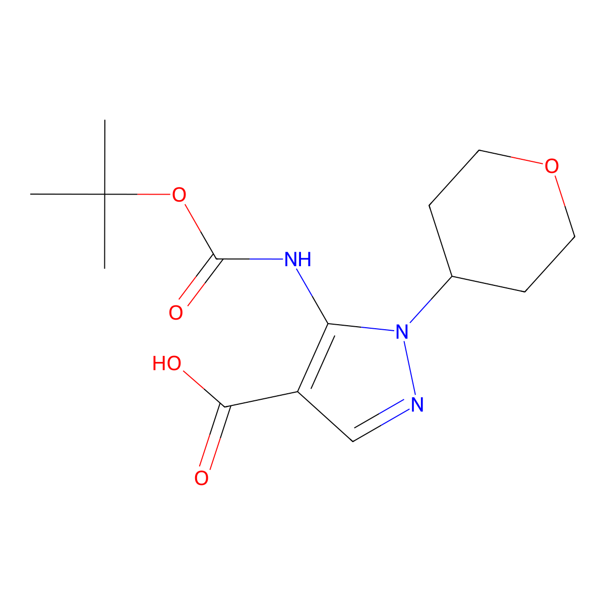 5-{[(tert-butoxy)carbonyl]amino}-1-(oxan-4-yl)-1H-pyrazole-4-carboxylic acid molecular structure, CAS 2580178-77-2