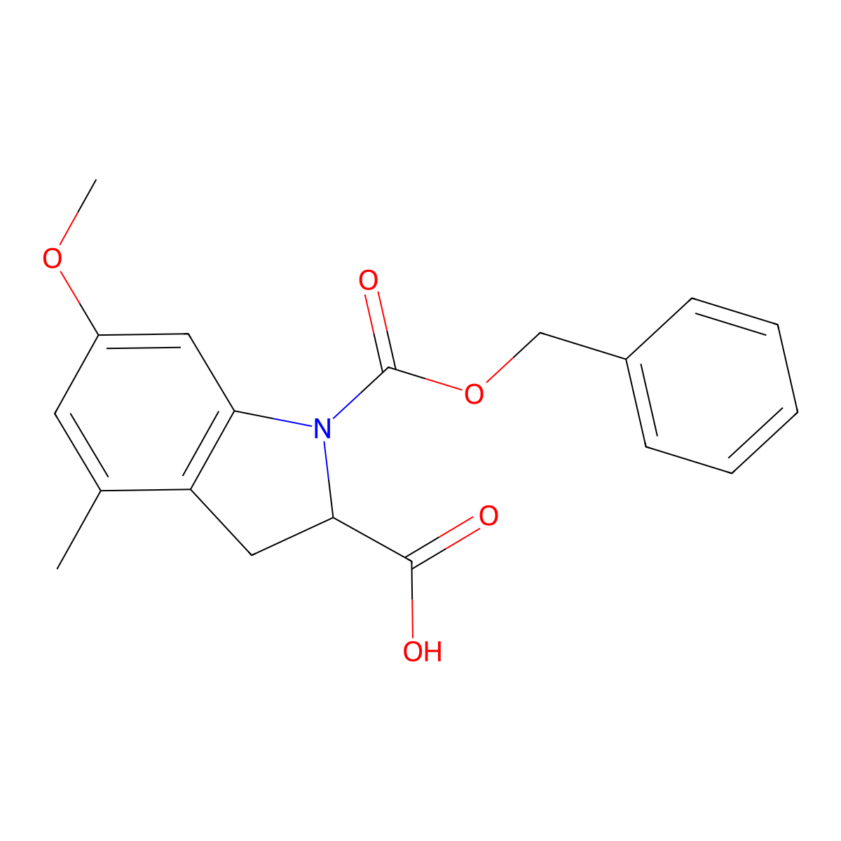 1-[(benzyloxy)carbonyl]-6-methoxy-4-methyl-2,3-dihydro-1H-indole-2-carboxylic acid molecular structure, CAS 2580179-10-6