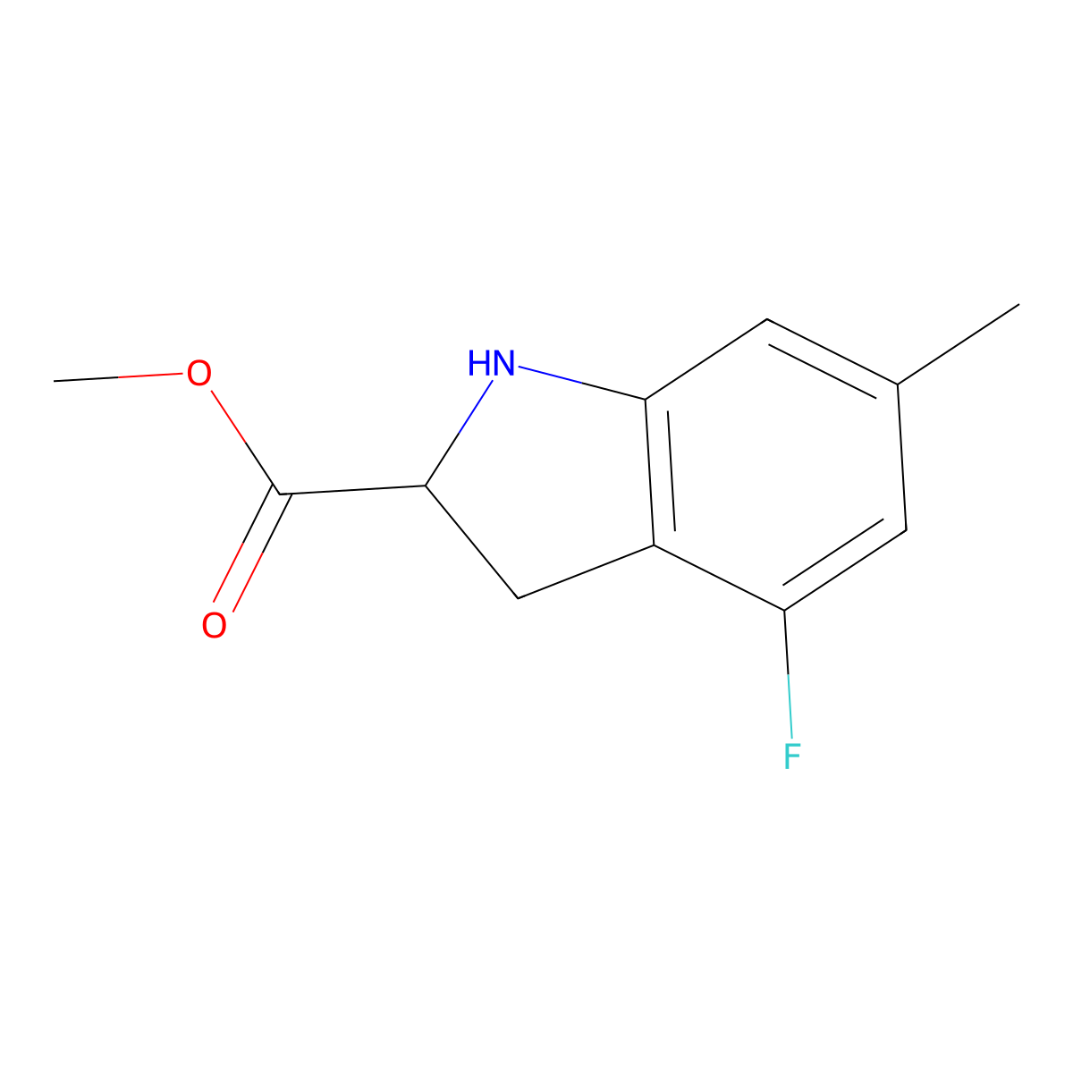 methyl 4-fluoro-6-methyl-2,3-dihydro-1H-indole-2-carboxylate molecular structure, CAS 2580179-51-5