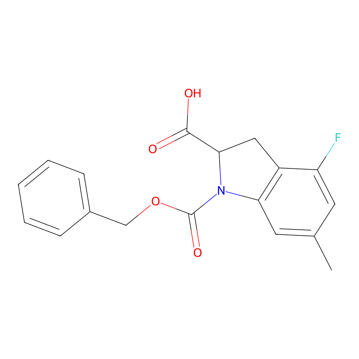 1-[(benzyloxy)carbonyl]-4-fluoro-6-methyl-2,3-dihydro-1H-indole-2-carboxylic acid molecular structure, CAS 2580179-54-8