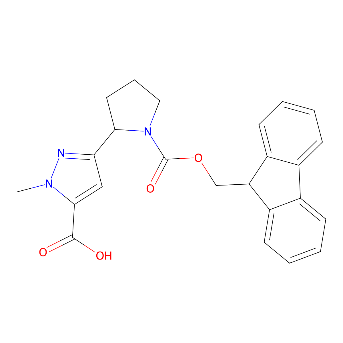 3-(1-{[(9H-fluoren-9-yl)methoxy]carbonyl}pyrrolidin-2-yl)-1-methyl-1H-pyrazole-5-carboxylic acid molecular structure, CAS 2580180-13-6