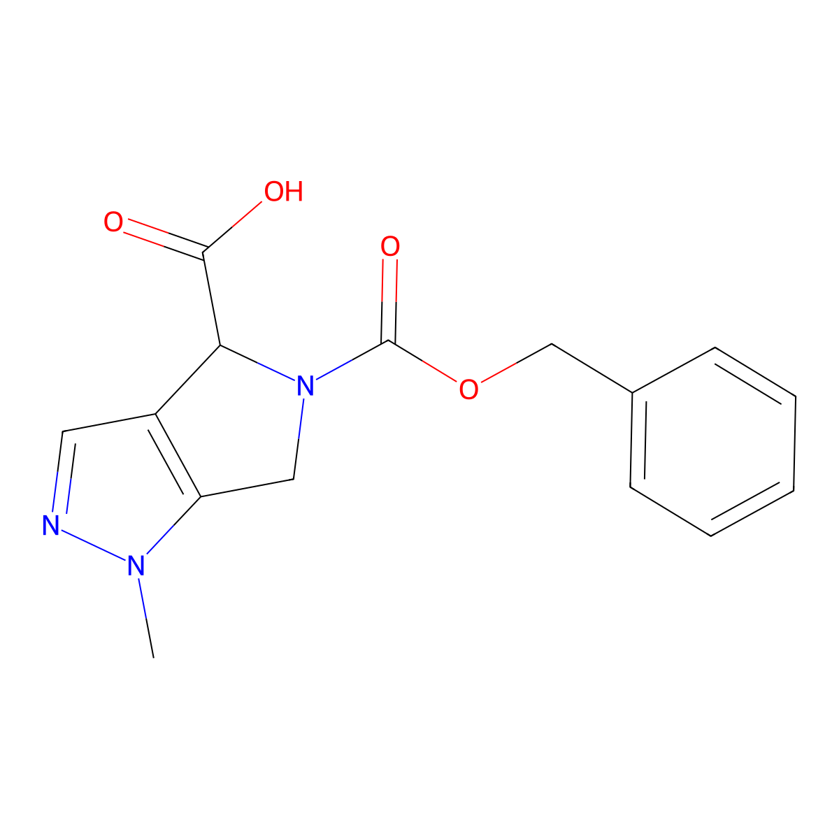 5-[(benzyloxy)carbonyl]-1-methyl-1H,4H,5H,6H-pyrrolo[3,4-c]pyrazole-4-carboxylic acid molecular structure, CAS 2580180-66-9