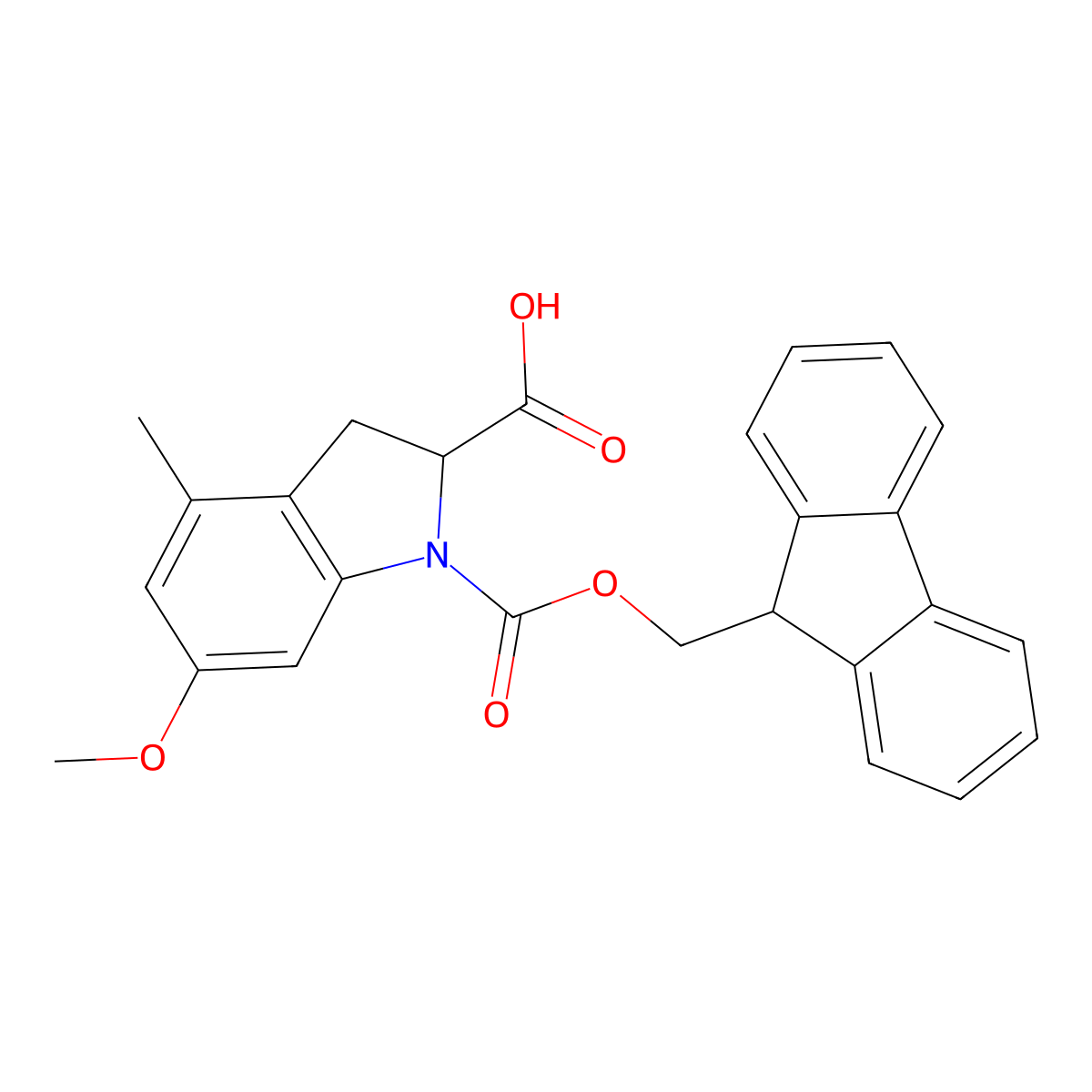 1-{[(9H-fluoren-9-yl)methoxy]carbonyl}-6-methoxy-4-methyl-2,3-dihydro-1H-indole-2-carboxylic acid molecular structure, CAS 2580180-99-8
