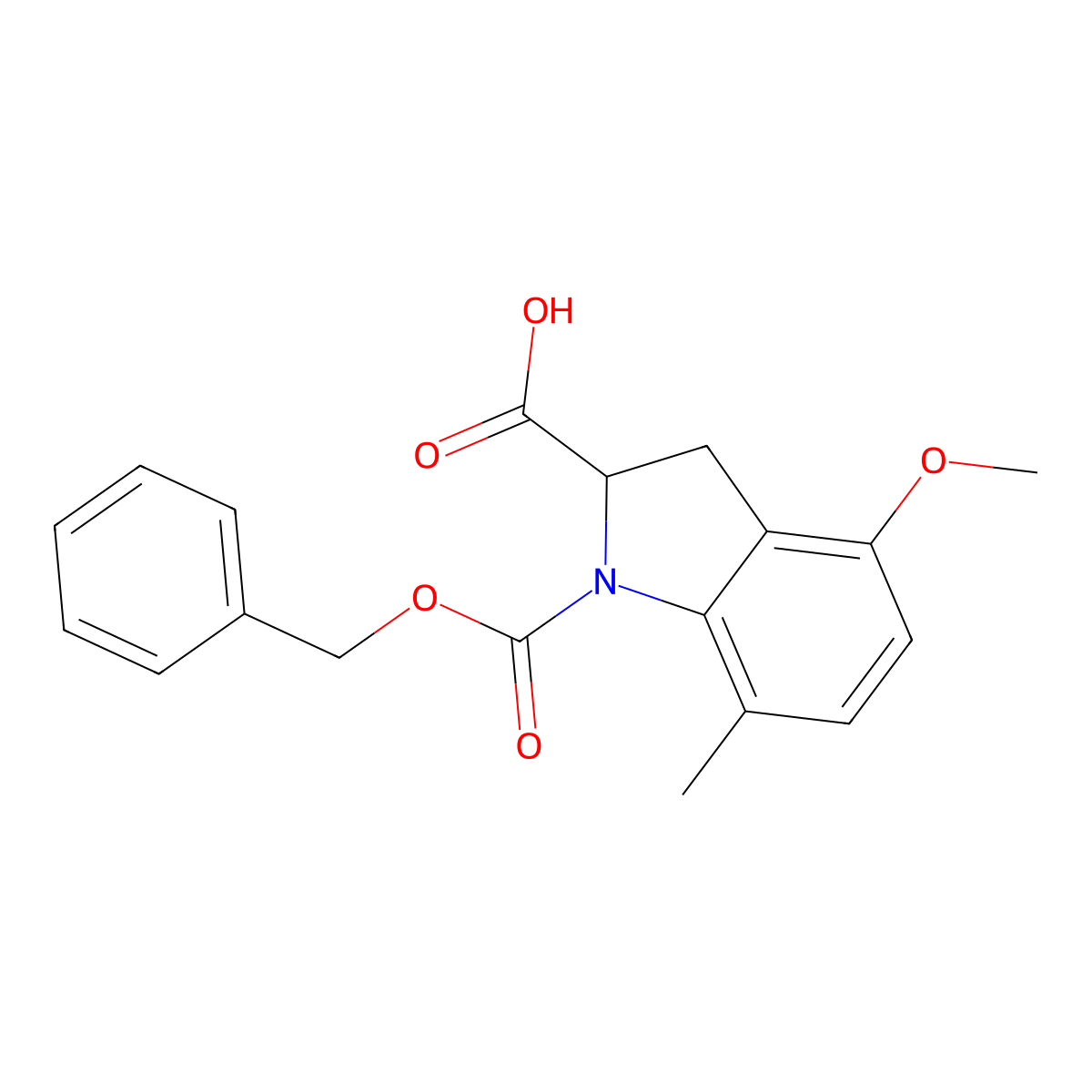 1-[(benzyloxy)carbonyl]-4-methoxy-7-methyl-2,3-dihydro-1H-indole-2-carboxylic acid molecular structure, CAS 2580181-02-6