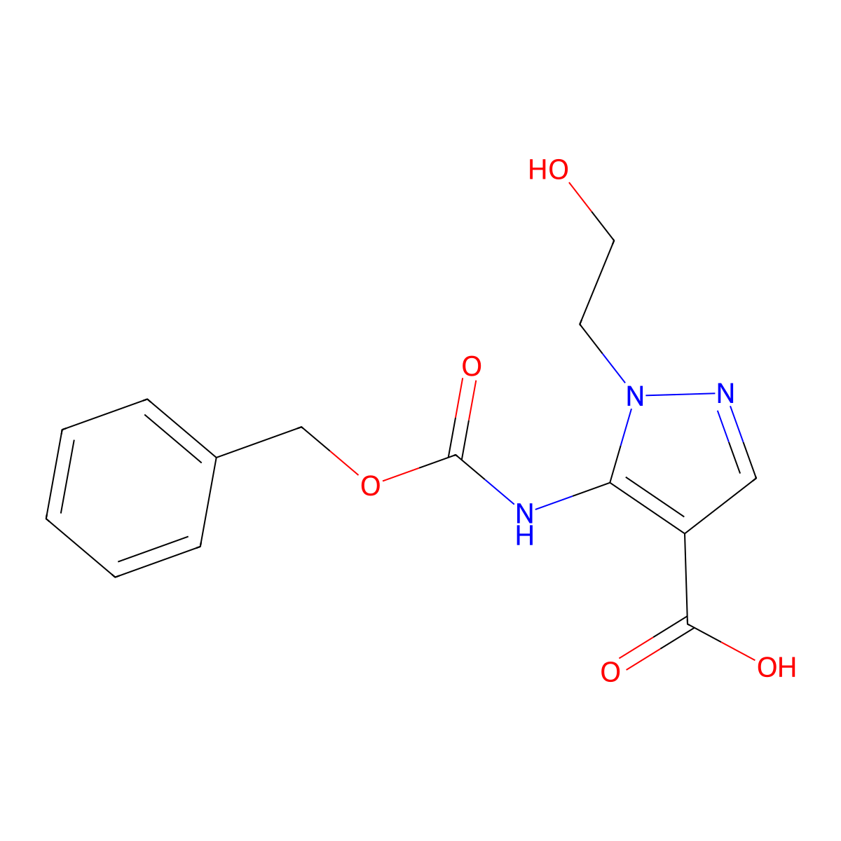 5-{[(benzyloxy)carbonyl]amino}-1-(2-hydroxyethyl)-1H-pyrazole-4-carboxylic acid molecular structure, CAS 2580182-25-6
