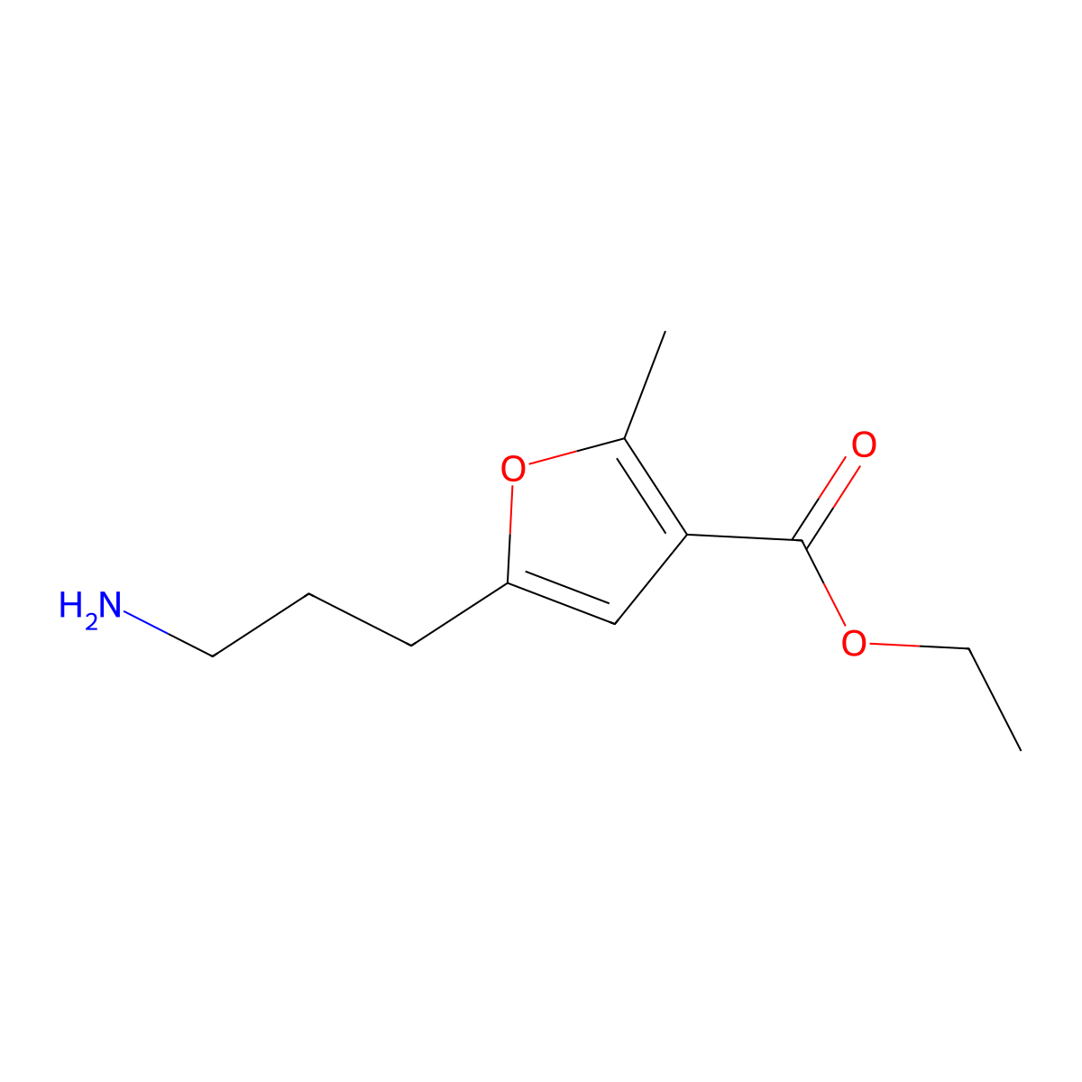 Ethyl 5-(3-aminopropyl)-2-methylfuran-3-carboxylate molecular structure, CAS 2580183-56-6
