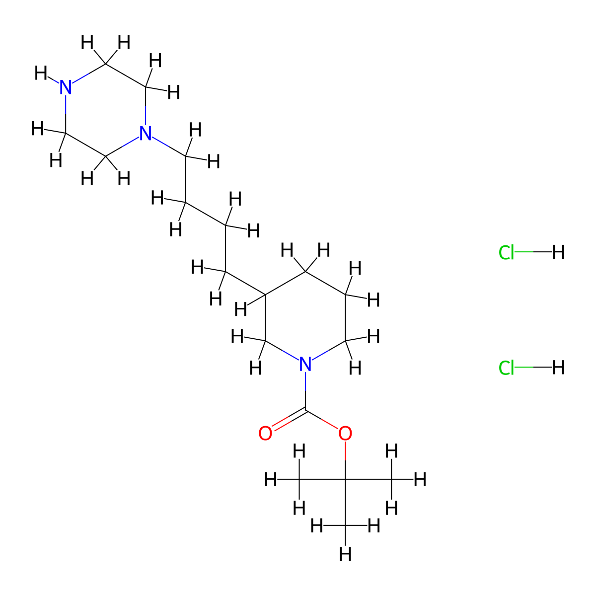 Tert-butyl 3-(4-(piperazin-1-yl)butyl)piperidine-1-carboxylate dihydrochloride molecular structure, CAS 2580185-04-0