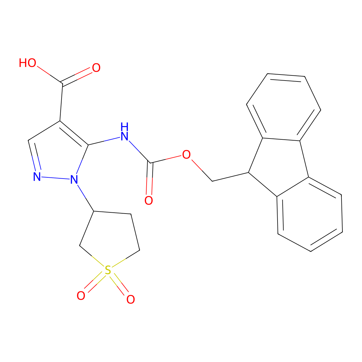 1-(1,1-dioxo-1lambda6-thiolan-3-yl)-5-({[(9H-fluoren-9-yl)methoxy]carbonyl}amino)-1H-pyrazole-4-carboxylic acid molecular structure, CAS 2580185-36-8