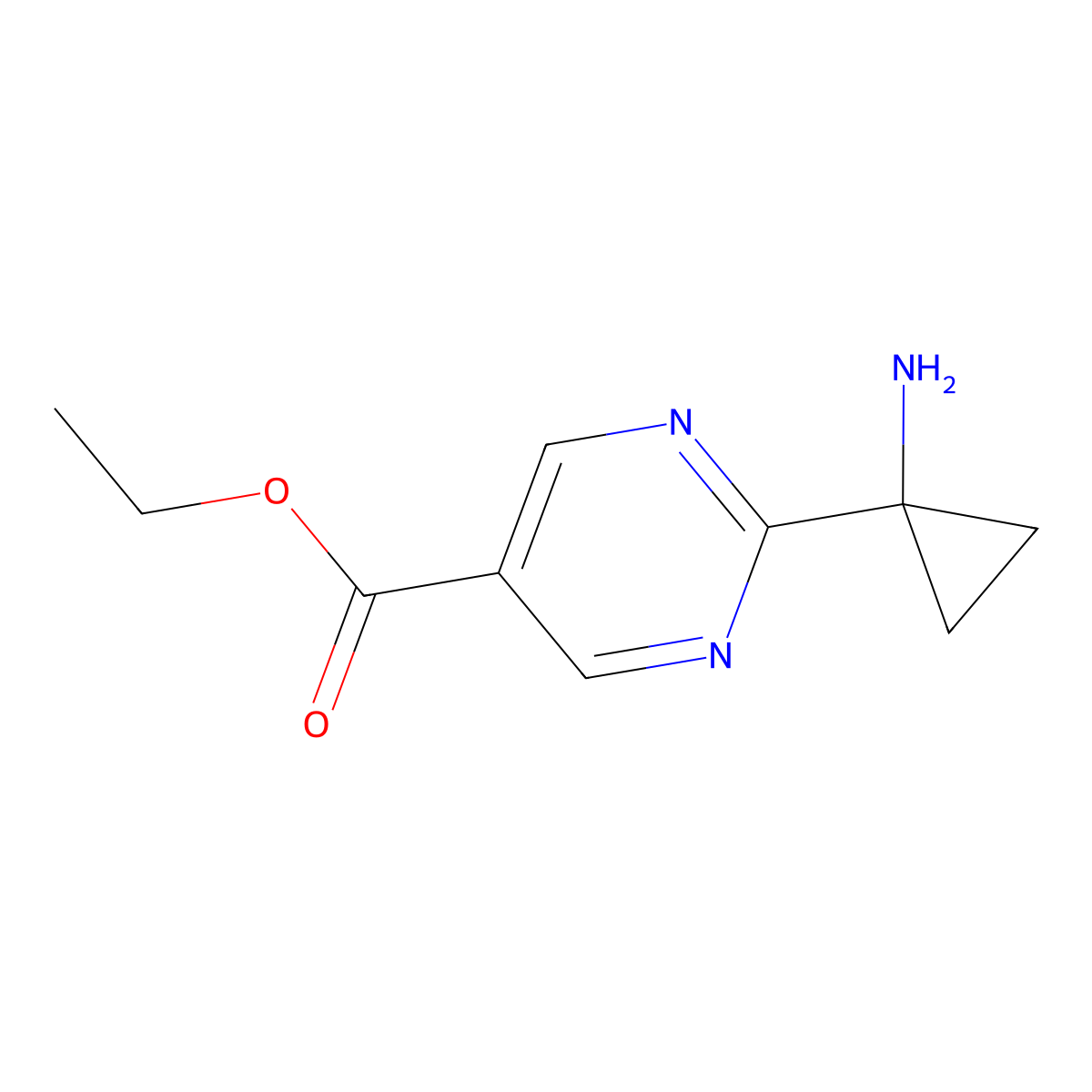 Ethyl 2-(1-aminocyclopropyl)pyrimidine-5-carboxylate molecular structure, CAS 2580188-47-0