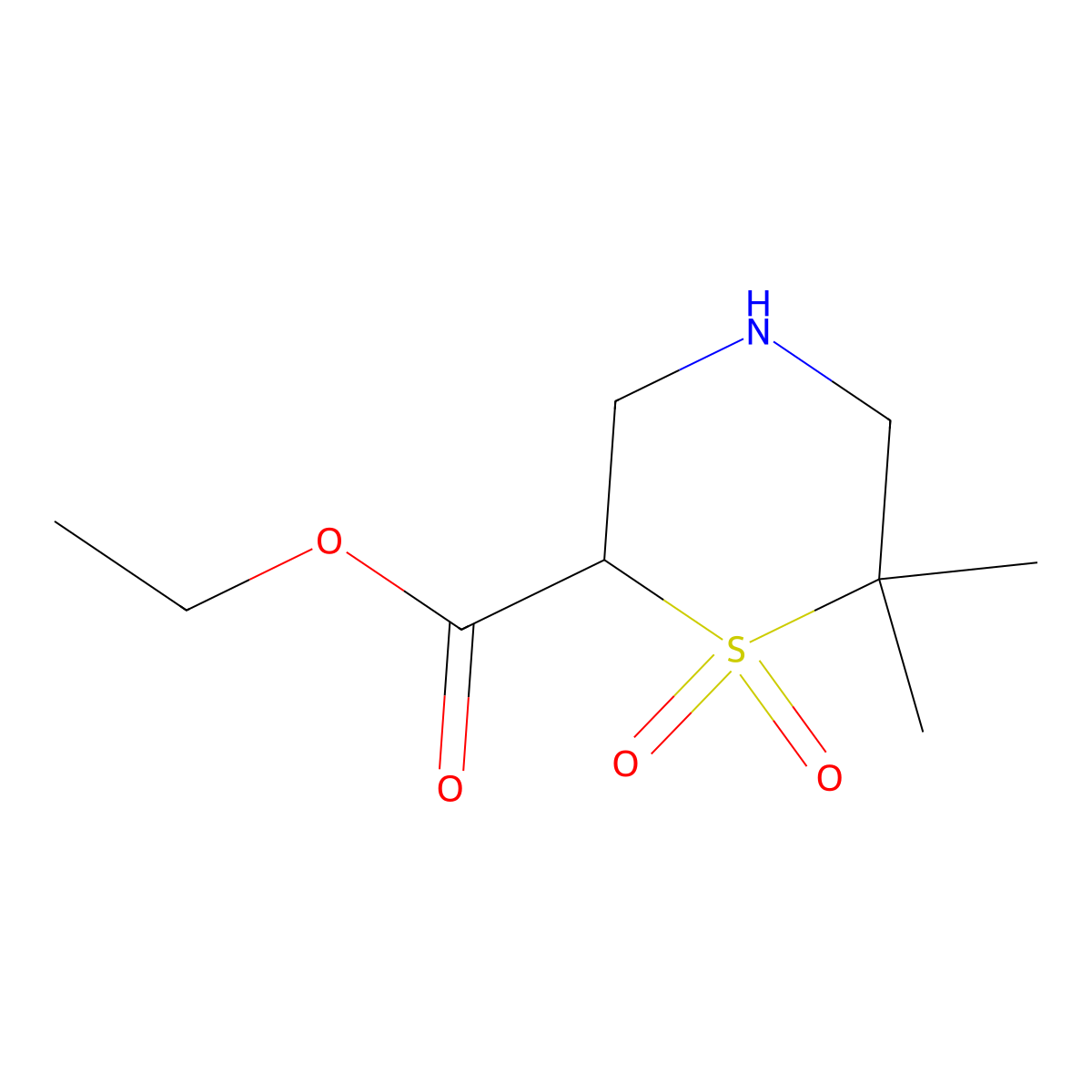 Ethyl 6,6-dimethyl-1,1-dioxo-1lambda6-thiomorpholine-2-carboxylate molecular structure, CAS 2580190-56-1