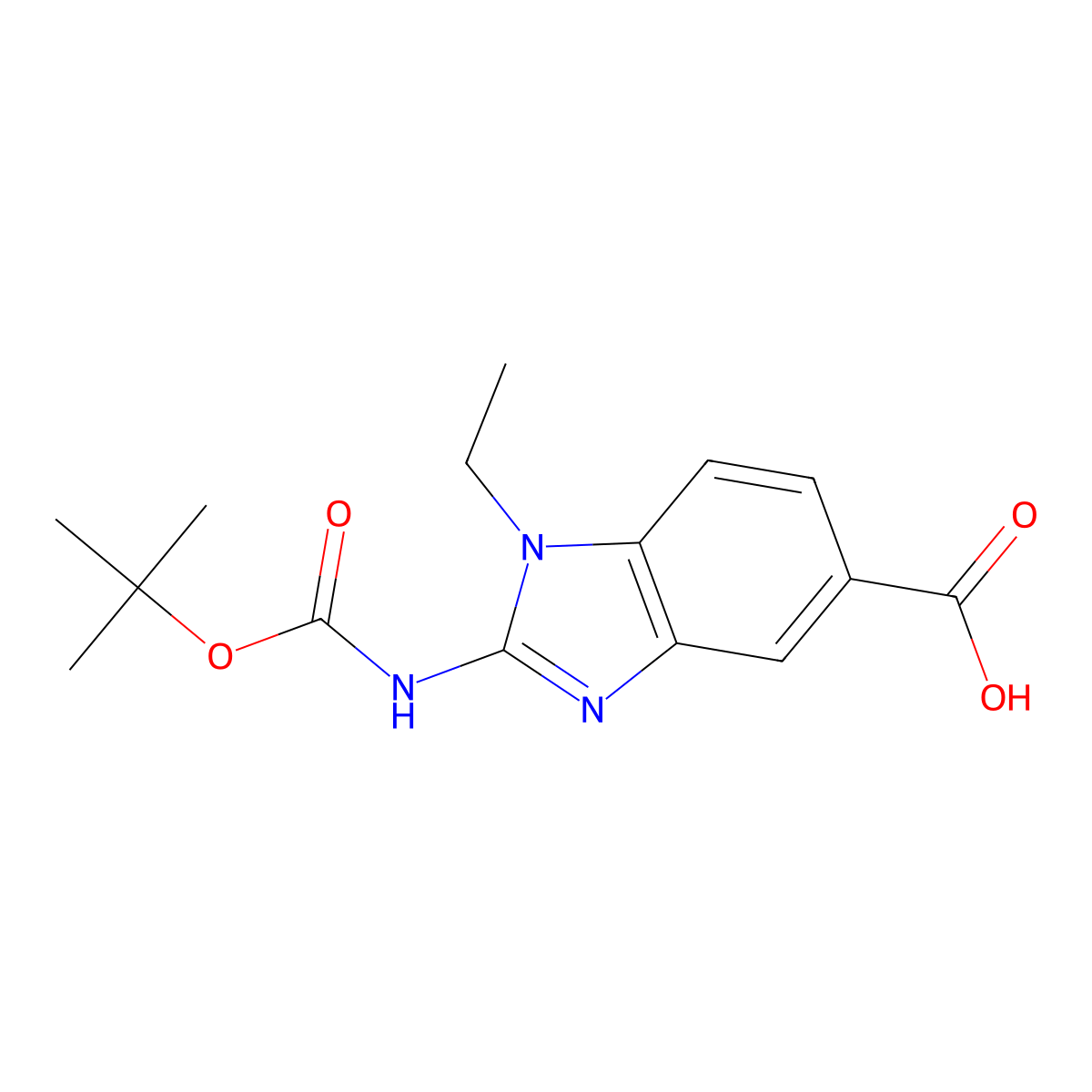 2-{[(tert-butoxy)carbonyl]amino}-1-ethyl-1H-1,3-benzodiazole-5-carboxylic acid molecular structure, CAS 2580190-74-3
