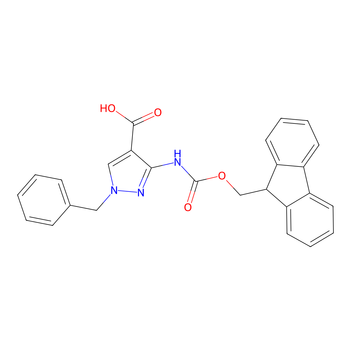 1-benzyl-3-({[(9H-fluoren-9-yl)methoxy]carbonyl}amino)-1H-pyrazole-4-carboxylic acid molecular structure, CAS 2580191-57-5