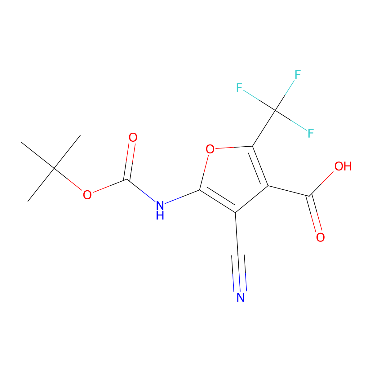 5-{[(Tert-butoxy)carbonyl]amino}-4-cyano-2-(trifluoromethyl)furan-3-carboxylic acid molecular structure, CAS 2580197-58-4
