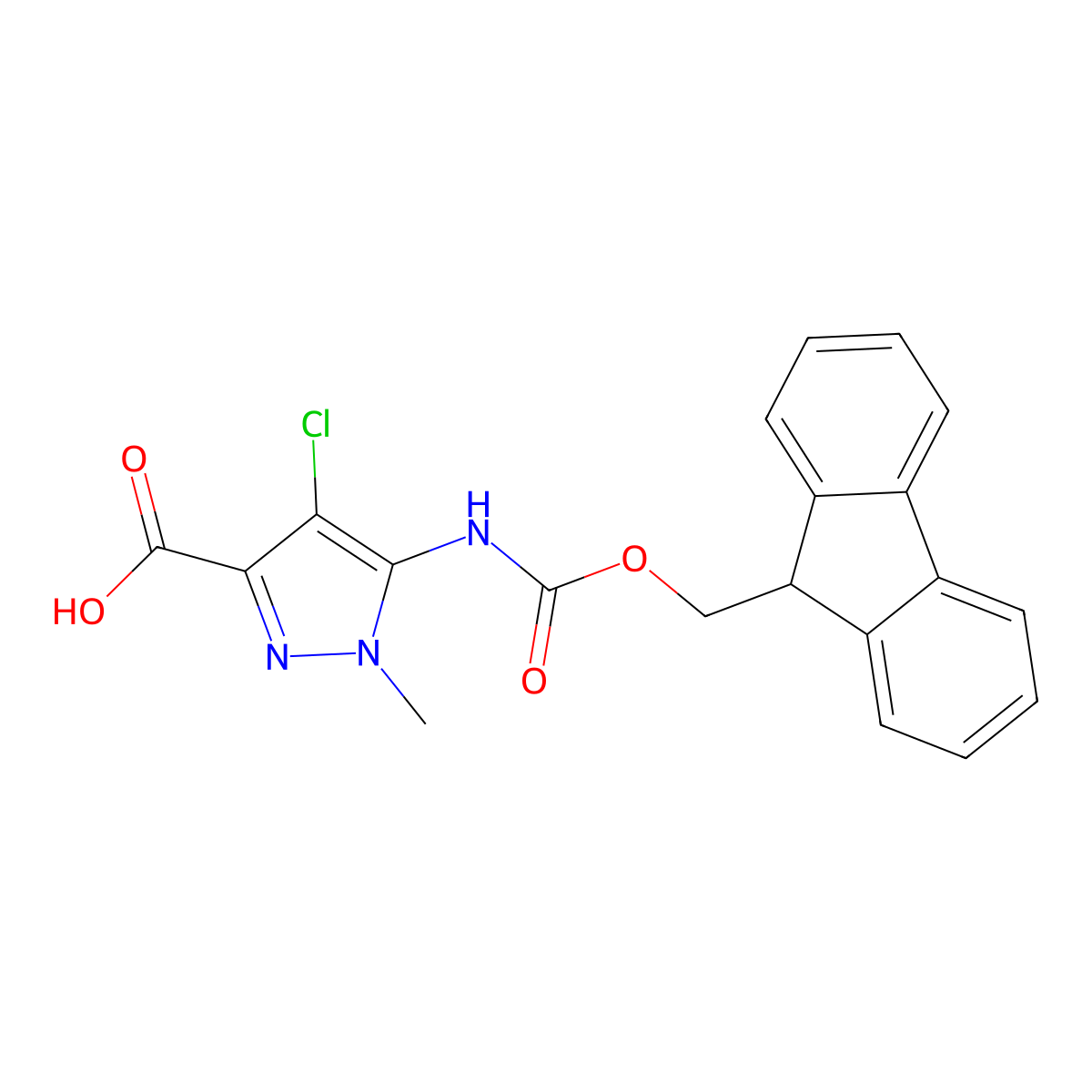 4-chloro-5-({[(9H-fluoren-9-yl)methoxy]carbonyl}amino)-1-methyl-1H-pyrazole-3-carboxylic acid molecular structure, CAS 2580198-68-9