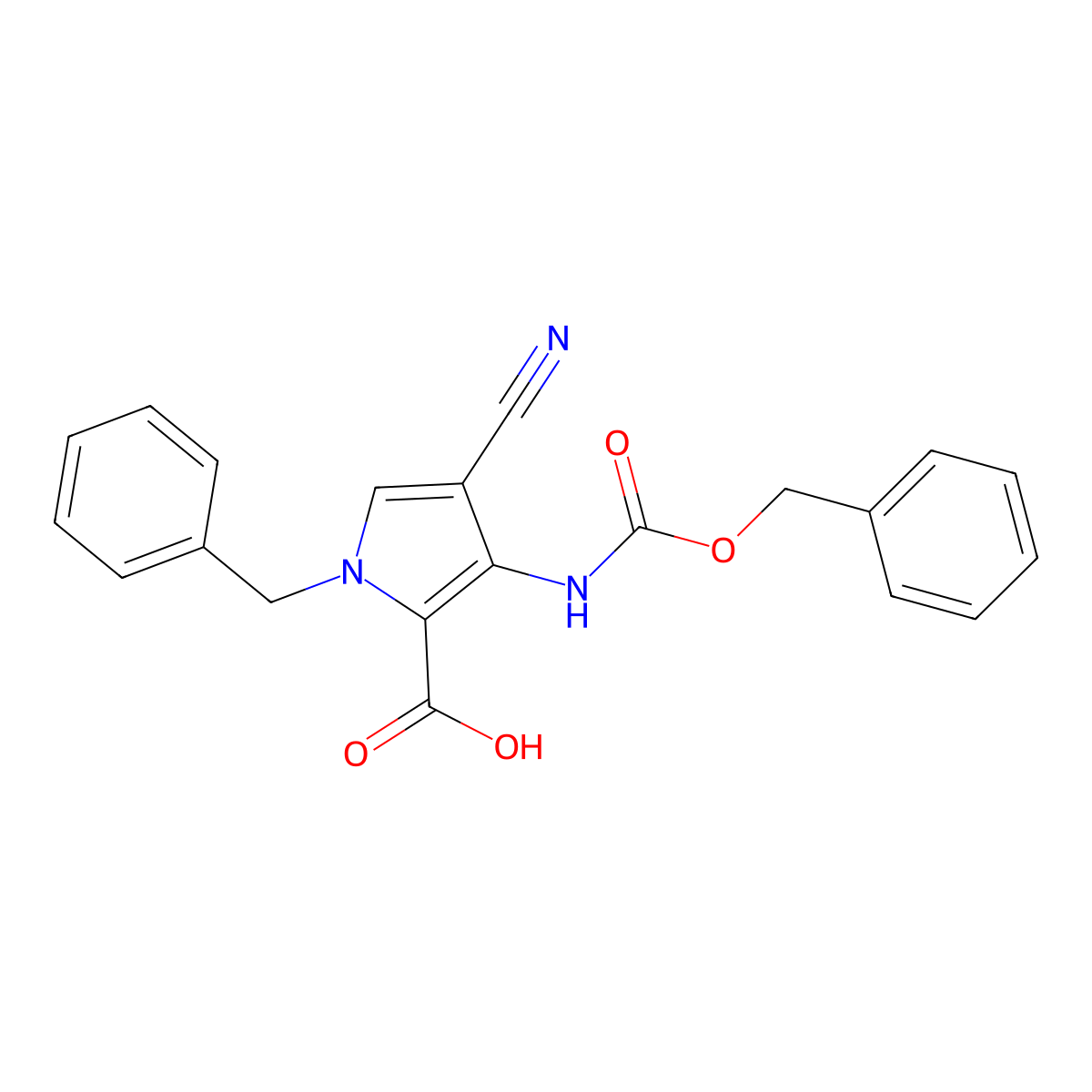1-benzyl-3-{[(benzyloxy)carbonyl]amino}-4-cyano-1H-pyrrole-2-carboxylic acid molecular structure, CAS 2580199-32-0