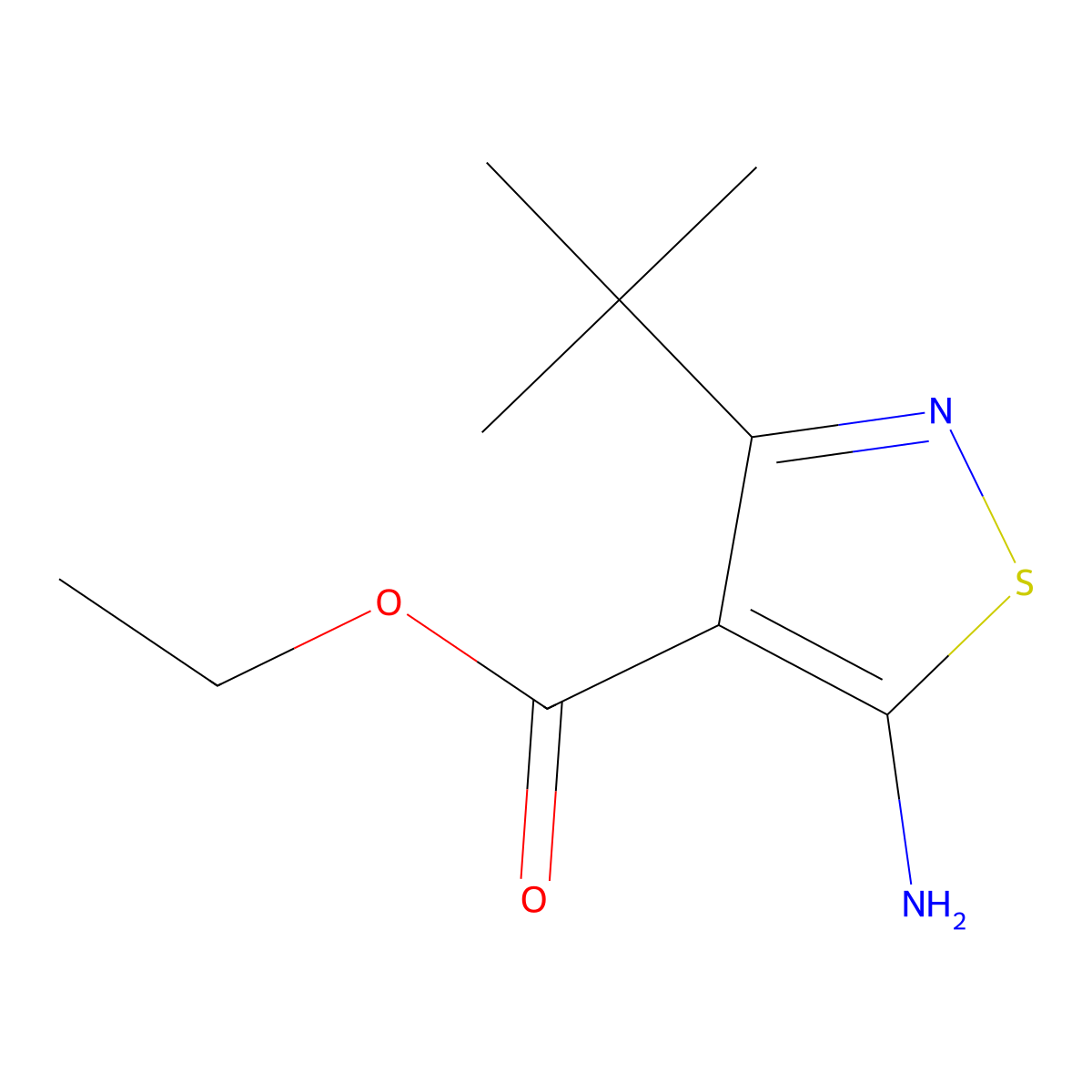 Ethyl 5-amino-3-tert-butyl-1,2-thiazole-4-carboxylate molecular structure, CAS 2580199-33-1
