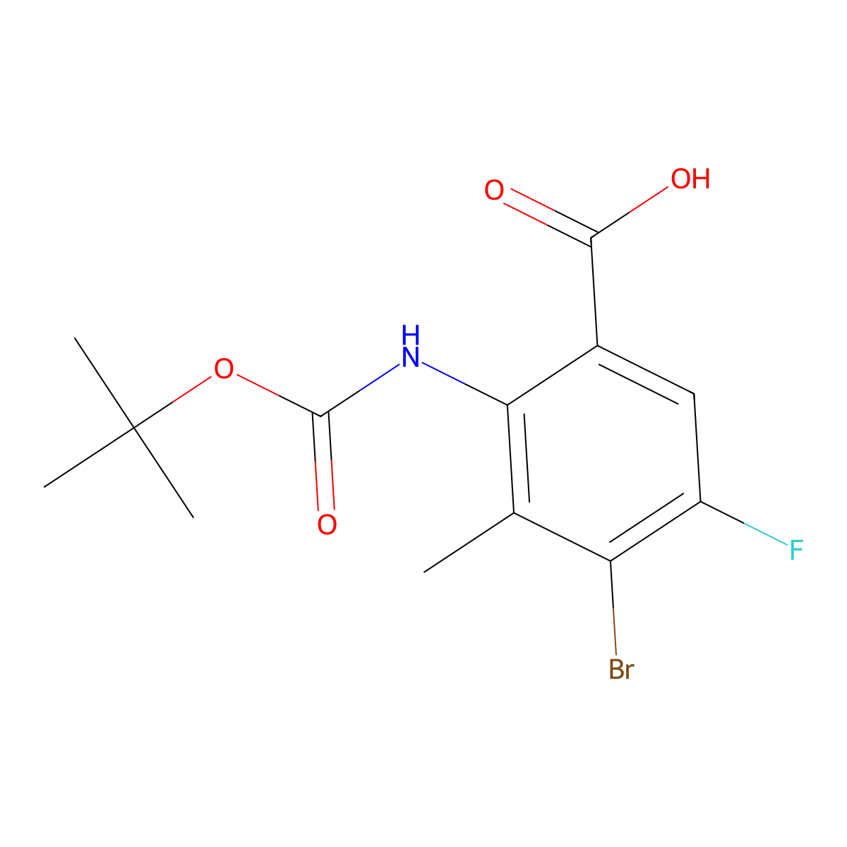4-Bromo-2-{[(tert-butoxy)carbonyl]amino}-5-fluoro-3-methylbenzoic acid molecular structure, CAS 2580200-55-9