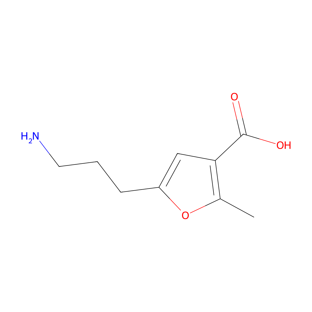 5-(3-Aminopropyl)-2-methylfuran-3-carboxylic acid molecular structure, CAS 2580201-68-7