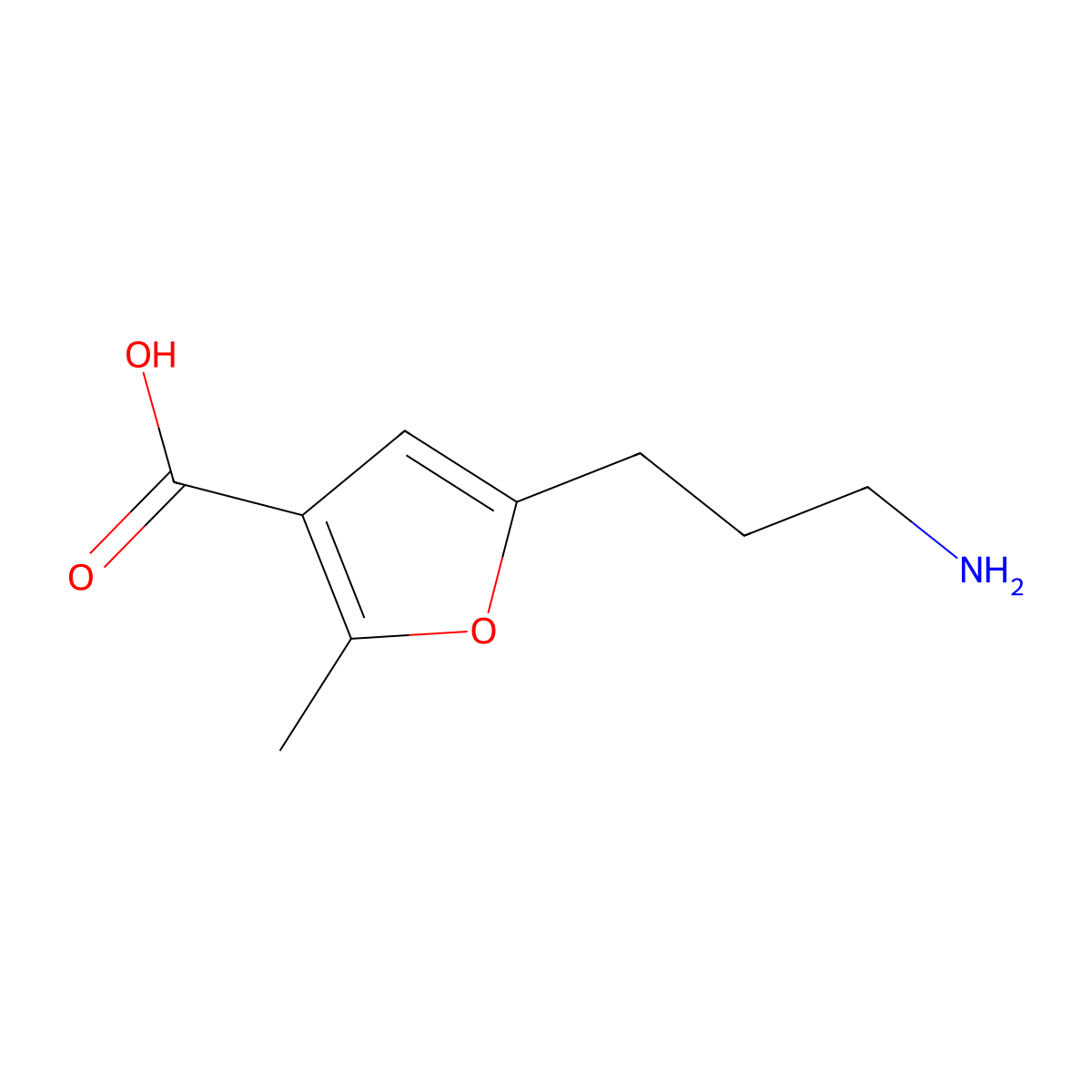 5-(3-Aminopropyl)-2-methylfuran-3-carboxylic acid molecular structure, CAS 2580201-68-7