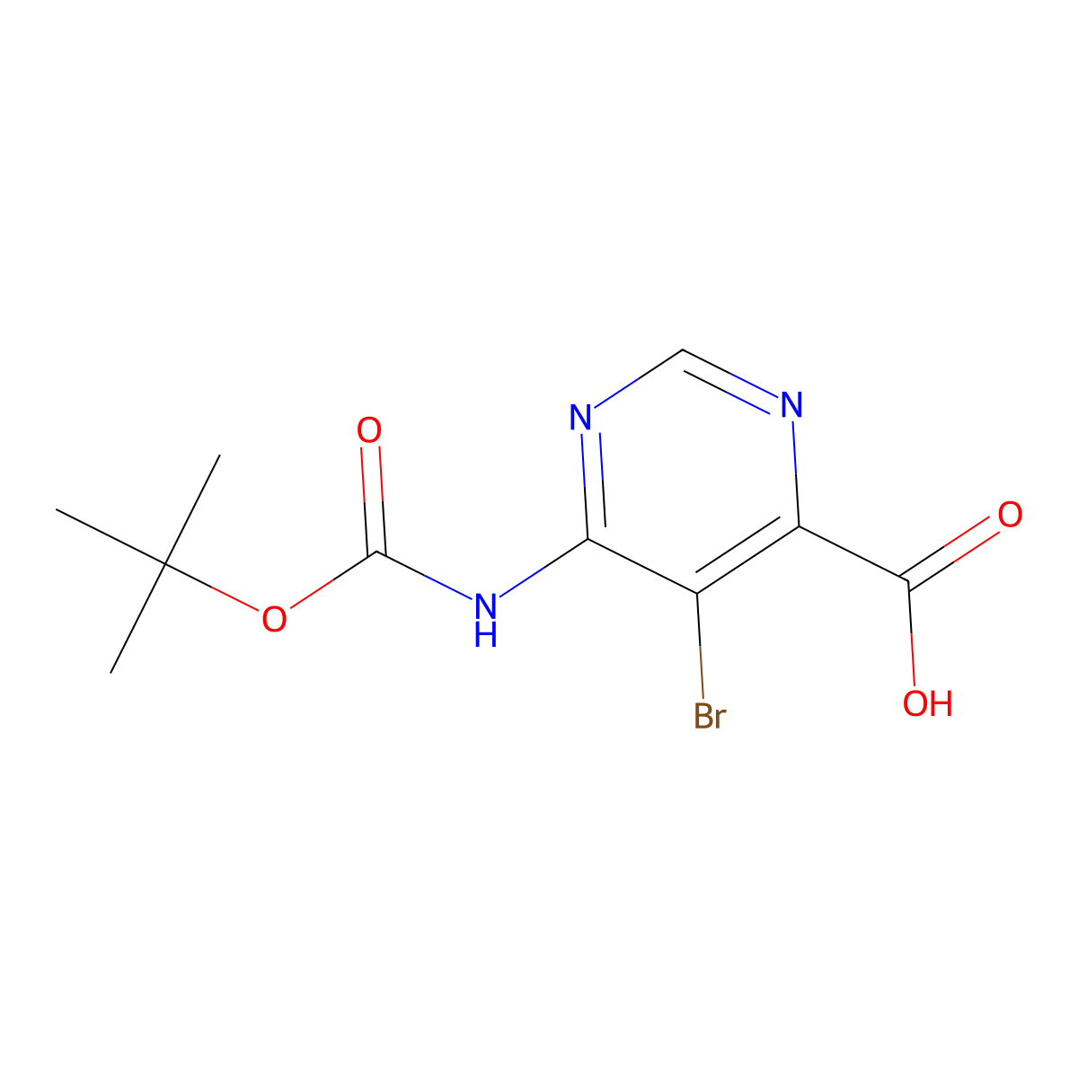 5-Bromo-6-(((tert-butoxy)carbonyl)amino)pyrimidine-4-carboxylic acid molecular structure, CAS 2580202-09-9