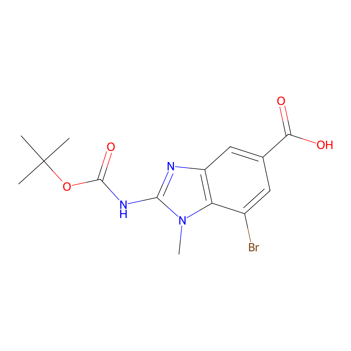 7-bromo-2-{[(tert-butoxy)carbonyl]amino}-1-methyl-1H-1,3-benzodiazole-5-carboxylic acid molecular structure, CAS 2580205-12-3