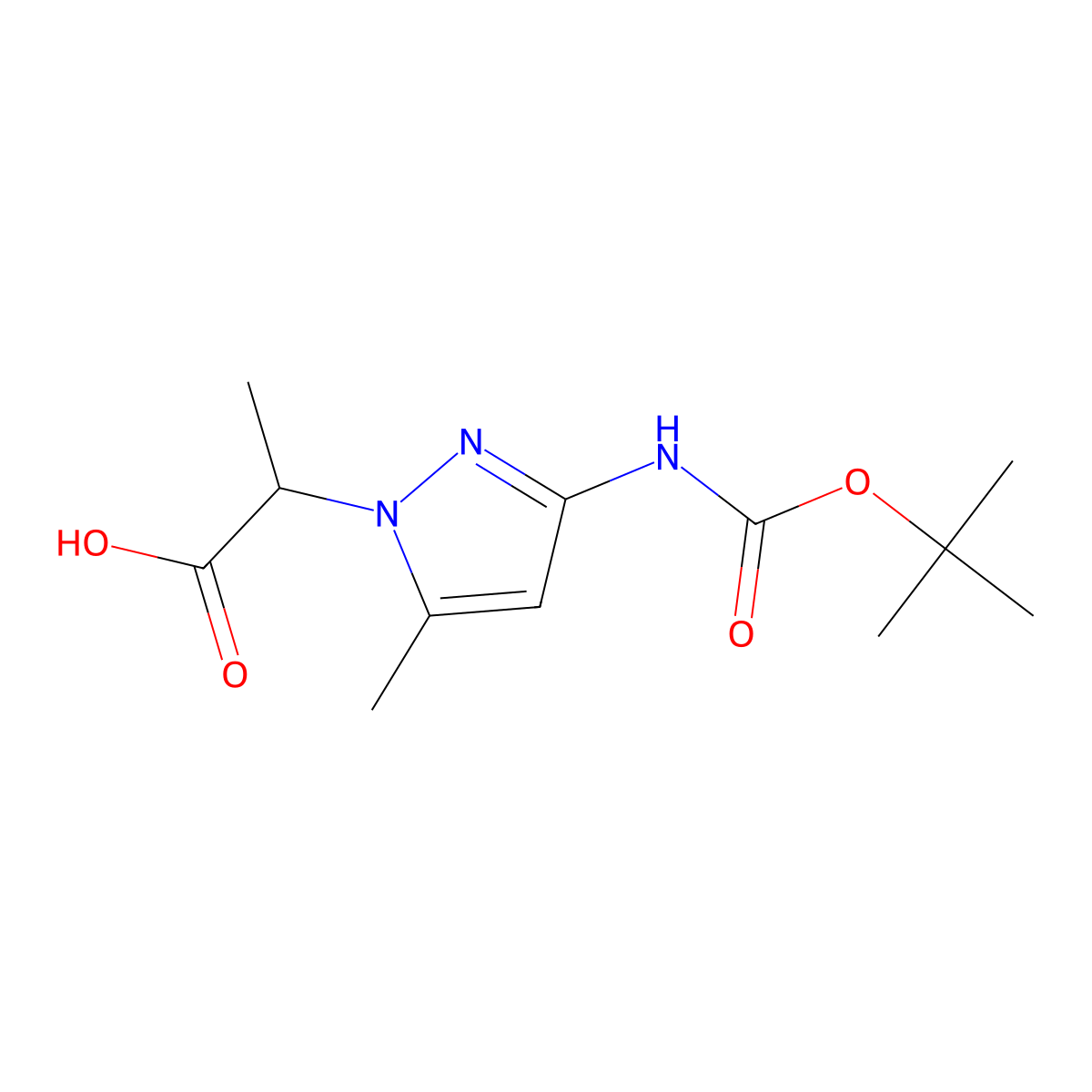 2-(3-{[(tert-butoxy)carbonyl]amino}-5-methyl-1H-pyrazol-1-yl)propanoic acid molecular structure, CAS 2580206-22-8
