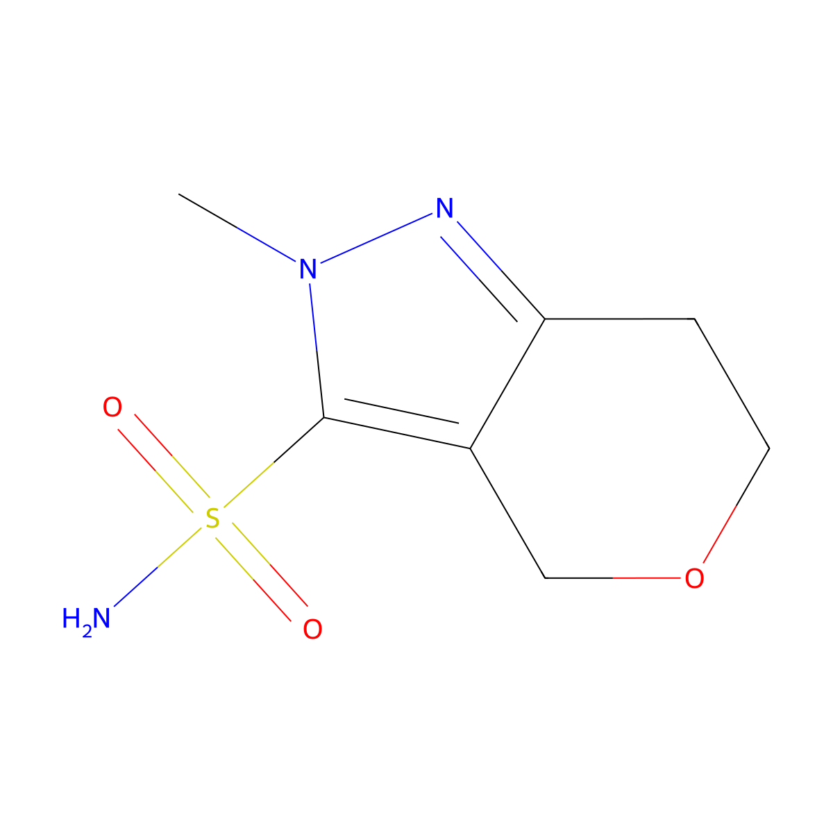 2-methyl-2H,4H,6H,7H-pyrano[4,3-c]pyrazole-3-sulfonamide molecular structure, CAS 2580206-32-0