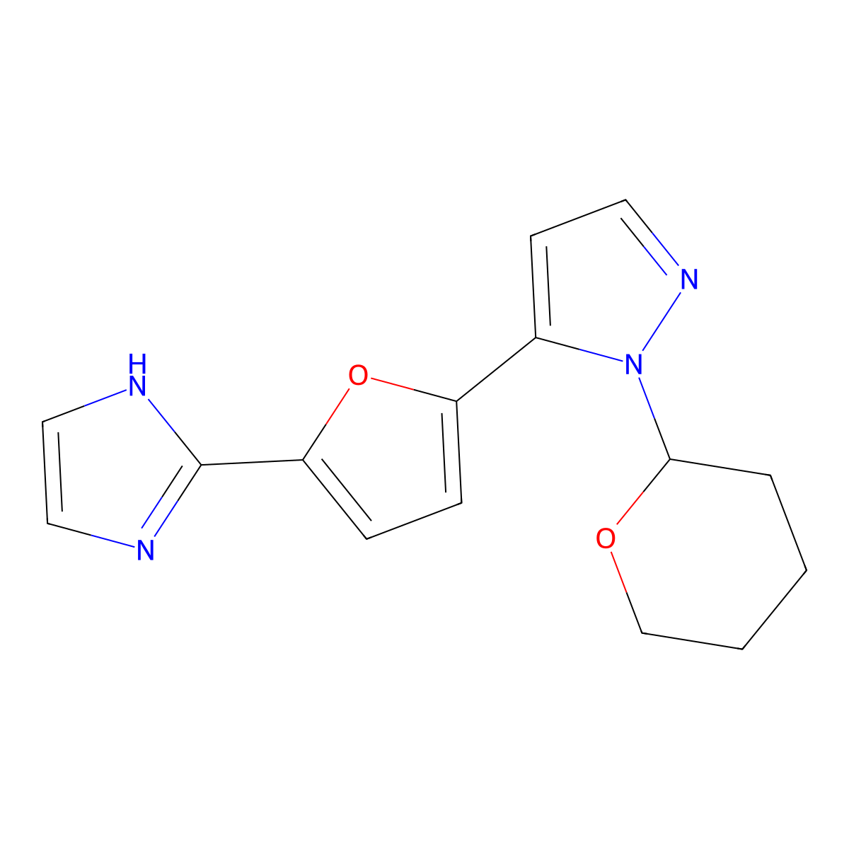 5-[5-(1H-imidazol-2-yl)furan-2-yl]-1-(oxan-2-yl)-1H-pyrazole molecular structure, CAS 2580206-61-5