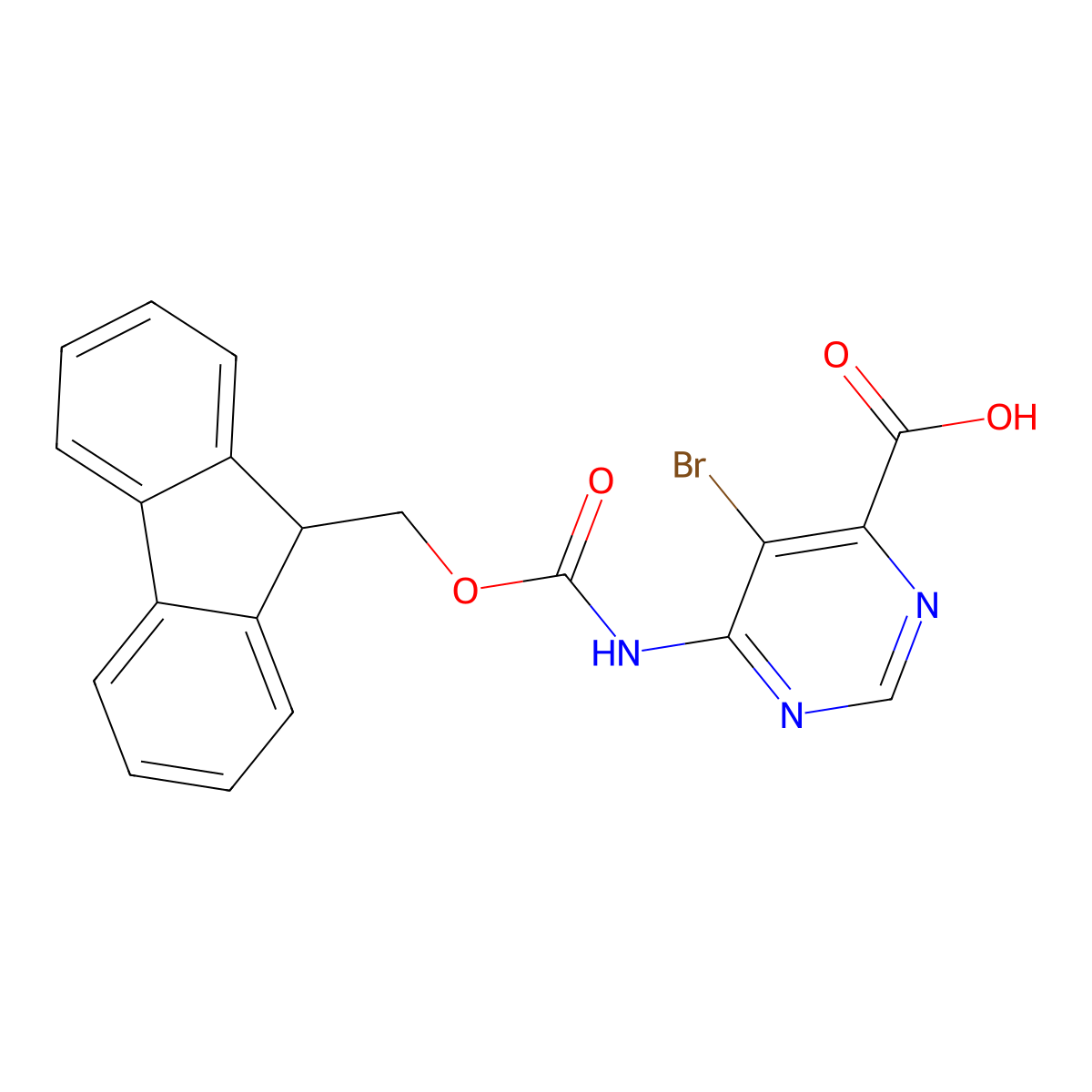 5-bromo-6-({[(9H-fluoren-9-yl)methoxy]carbonyl}amino)pyrimidine-4-carboxylic acid molecular structure, CAS 2580207-17-4