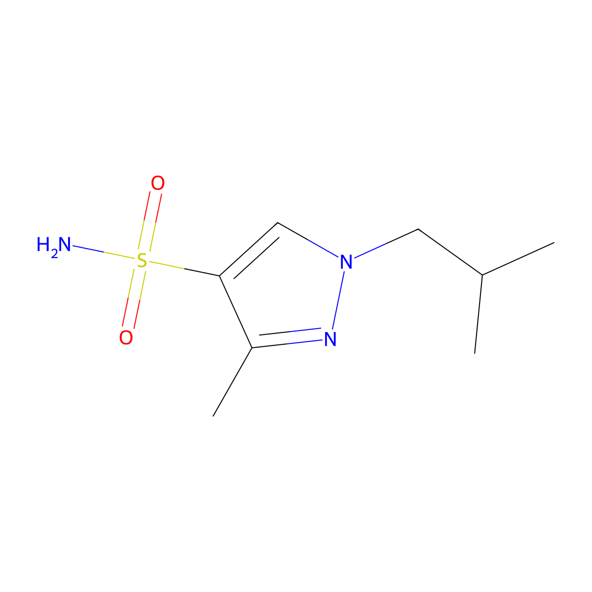 3-methyl-1-(2-methylpropyl)-1H-pyrazole-4-sulfonamide molecular structure, CAS 2580208-25-7