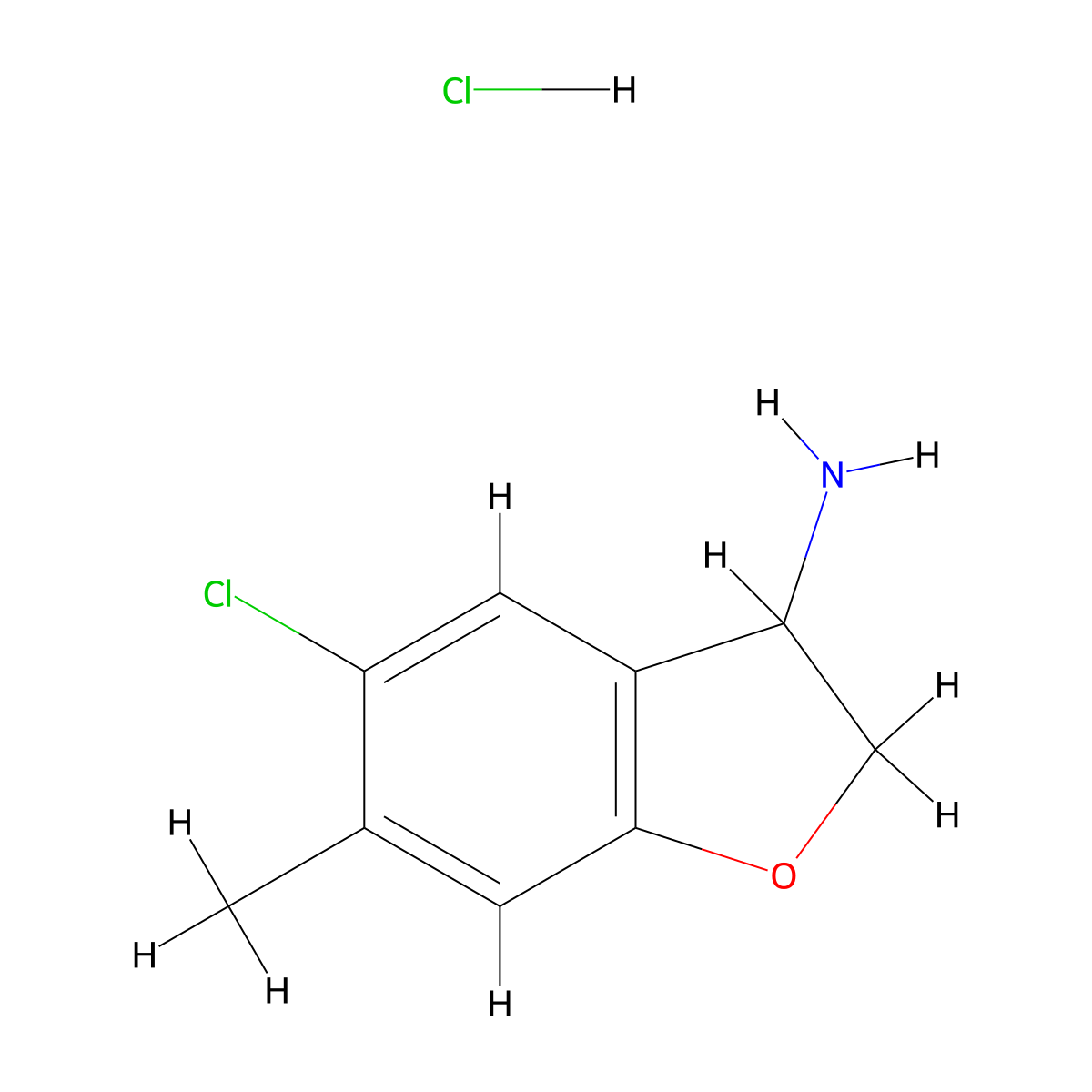 5-Chloro-6-methyl-2,3-dihydro-1-benzofuran-3-amine hydrochloride molecular structure, CAS 2580208-46-2