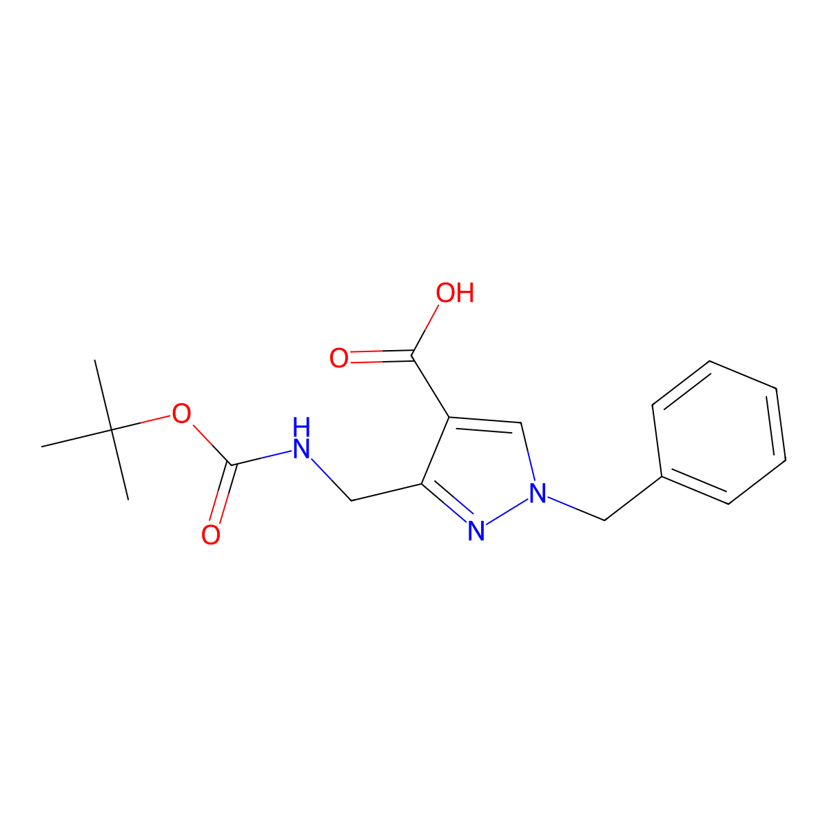 1-benzyl-3-({[(tert-butoxy)carbonyl]amino}methyl)-1H-pyrazole-4-carboxylic acid molecular structure, CAS 2580208-67-7