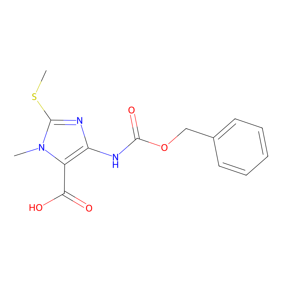 4-{[(benzyloxy)carbonyl]amino}-1-methyl-2-(methylsulfanyl)-1H-imidazole-5-carboxylic acid molecular structure, CAS 2580209-18-1