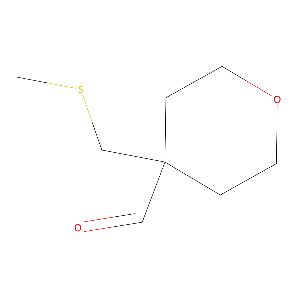 4-[(Methylsulfanyl)methyl]oxane-4-carbaldehyde molecular structure, CAS 2580210-09-7