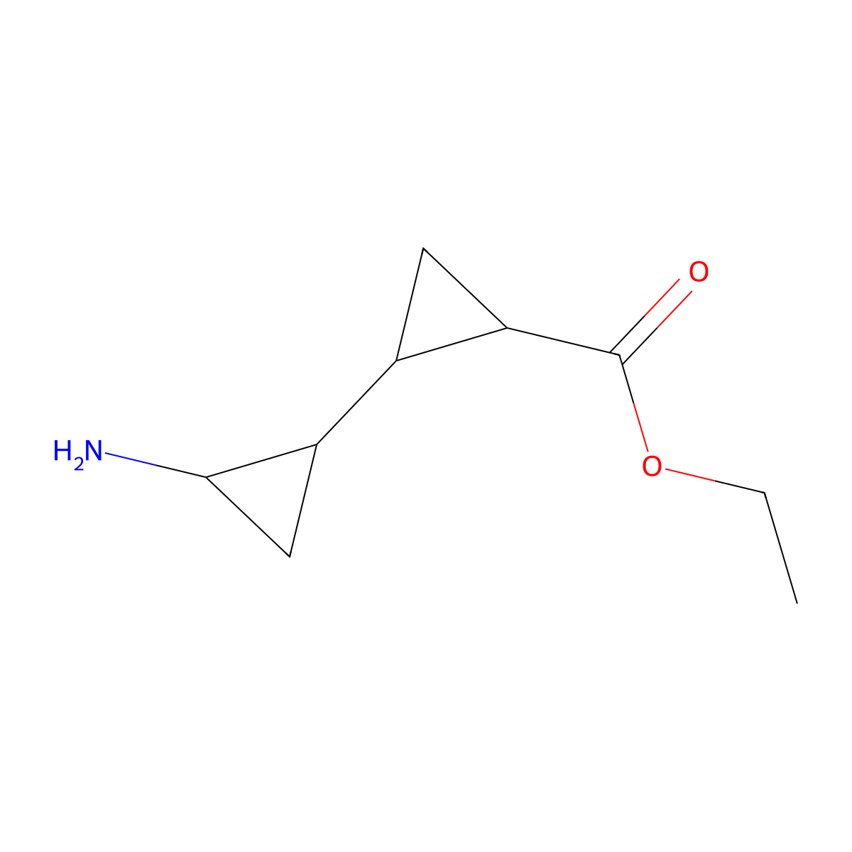 Ethyl 2-(2-aminocyclopropyl)cyclopropane-1-carboxylate molecular structure, CAS 2580214-35-1
